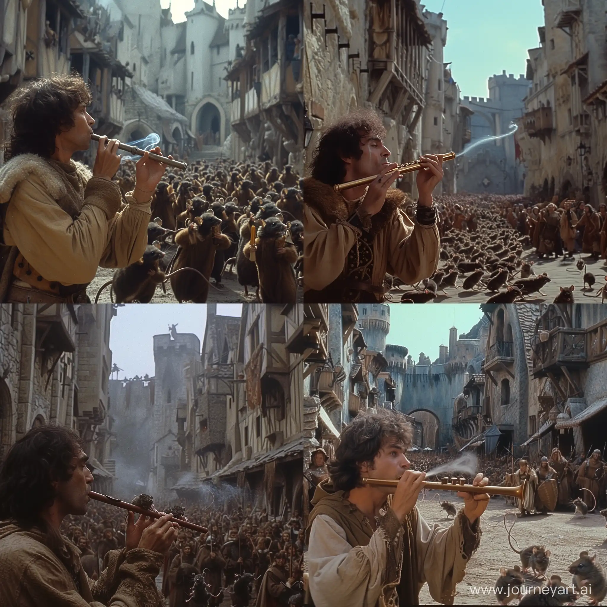 a man blowing his flute and enchanted mice through the streets of a medieval city, screenshot from excalibur 1981