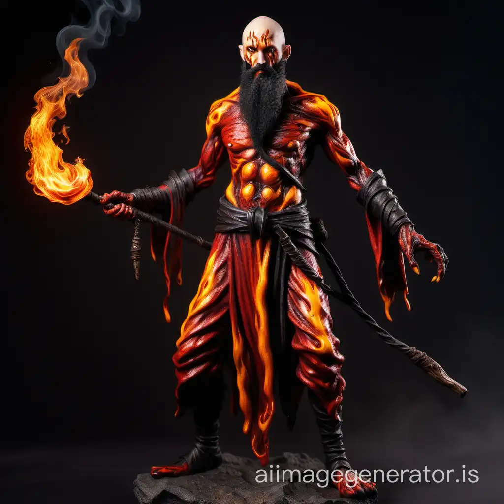 fantasy bald fire mage with black long beard whole body burned skin casting fire spell burn scars two handed staff