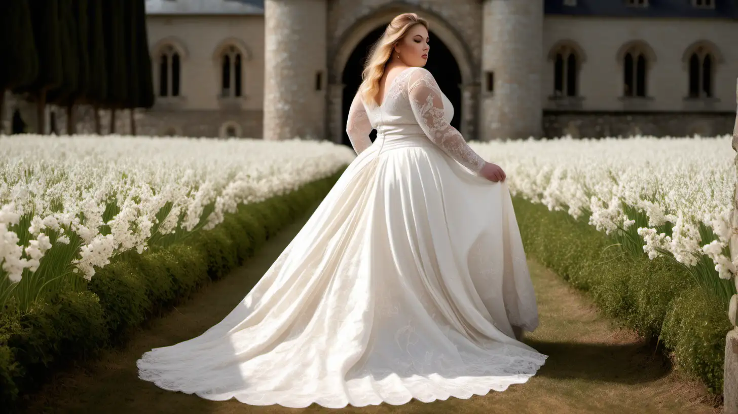 photo of the backside of the full length body of beautiful, sensual, classy, elegant curvy dark blond full bodied plus size model who is wearing an ivory wedding gown with circle ivory ITY skirt, fitted stretch ivory lace bodice, long fitted sleeves, defined waistline, long hair is flowing, back view on separate image, luxury photoshoot outside a magical spring castle in France with light flowers, spring weather