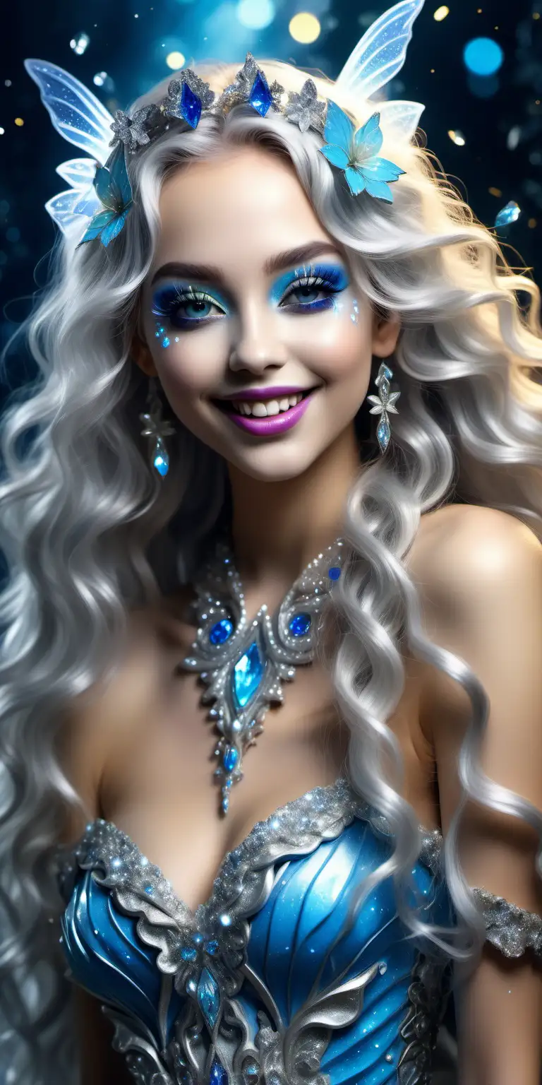 8k, highly detailed wallpaper, a beautiful fairy with fantasy makeup, yellow and blue lips smiling, silver wavy long hair, surrounded by shiny crystals.