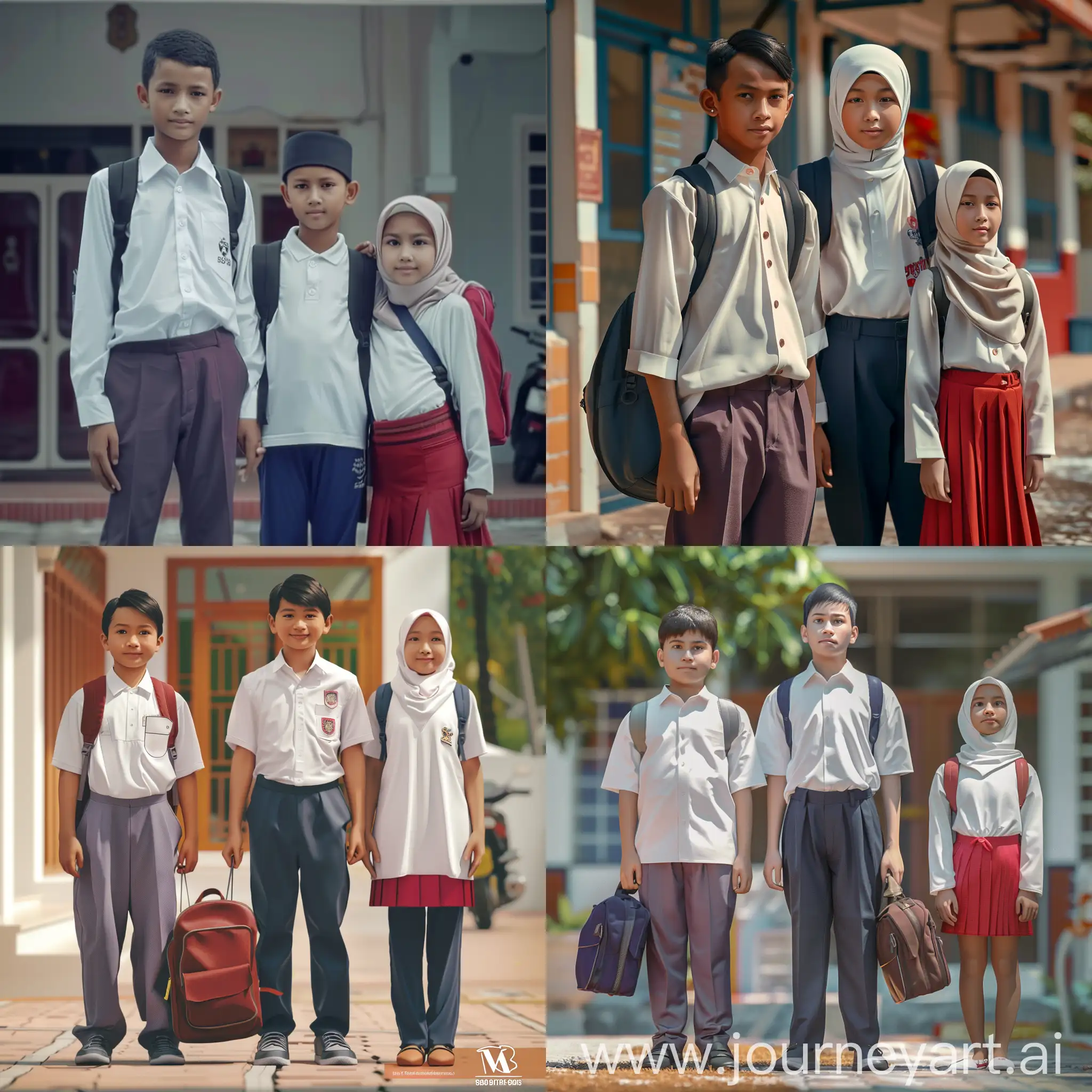 My bro, please make me a photo, an 18 year old Indonesian boy wearing a white shirt (school uniform), slightly wide face, sturdy body, violet gray trousers, and a 13 year old Indonesian boy  wearing a white shirt (school uniform), slightly wide face, sturdy body, wearing navy blue trousers, and a beautiful 10 year old girl, wearing a hijab, white long-sleeved shirt and red skirt, all carrying backpacks, posing in front of the school, resolution  300 dpi, highly detailed, hyper realistic, maximum exposure, 8k, ultra HD, professional photography.