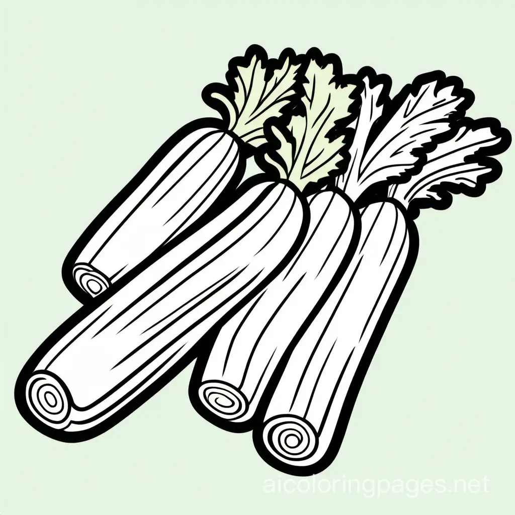 Create a bold and clean line drawing of a three Celery sticks. without any background, Coloring Page, black and white, line art, white background, Simplicity, Ample White Space. The background of the coloring page is plain white to make it easy for young children to color within the lines. The outlines of all the subjects are easy to distinguish, making it simple for kids to color without too much difficulty
