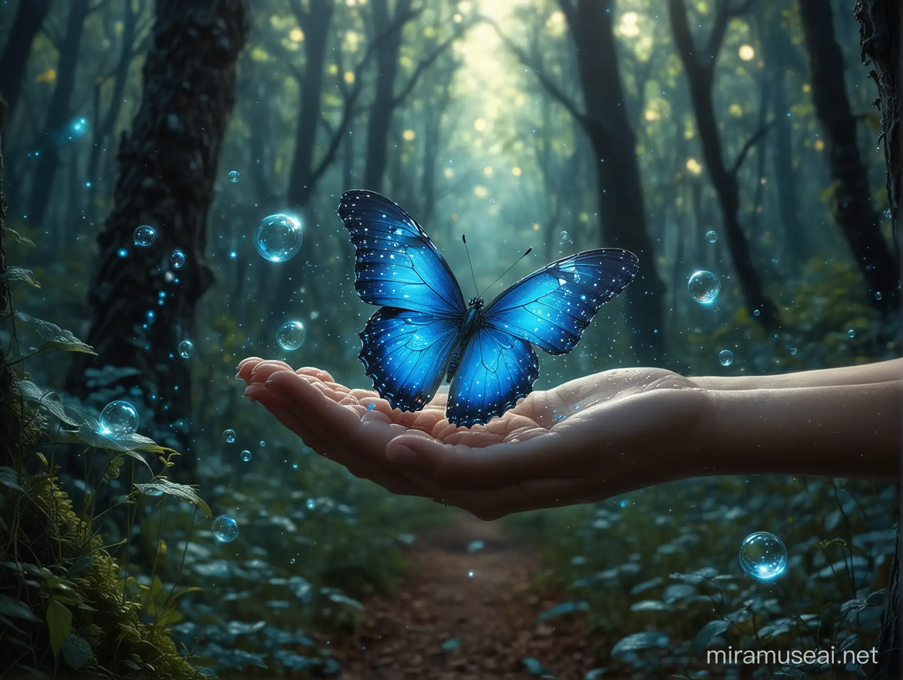 papillon bleu lumineux posé sur une main de petite fille dans forêt magique remplie de bulles lumineuse, ambiance sombre, magique, féérique