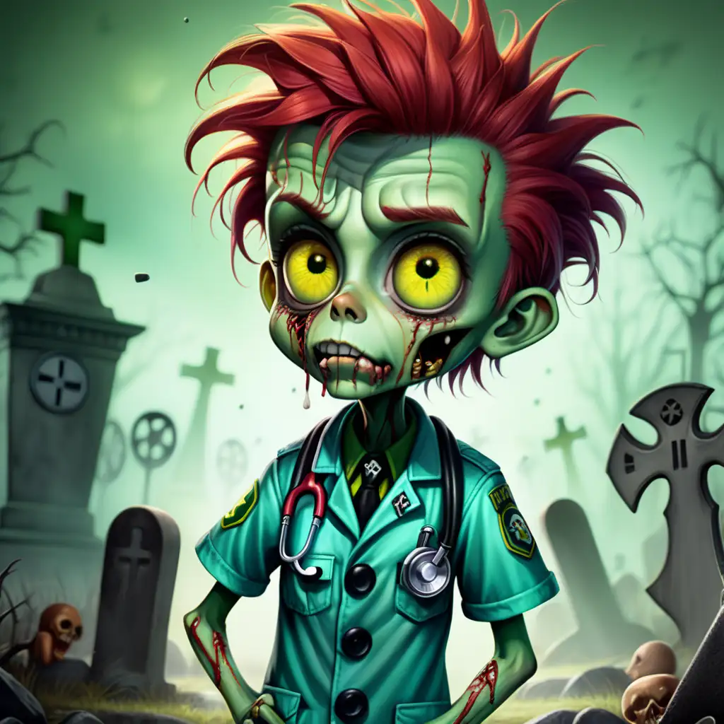 Splash art, full body portrait of adorable cute green skin paramedic zombie, shy and timid looking, dejected, punk, short spiky red hair, yellow eyes, large dilated pupils, gentle friendly face, green ambulance uniform, stethoscope, dark fantasy, portrait, voodoo ambience, UHD, Tim Burton, rim lighting, standing in a graveyard