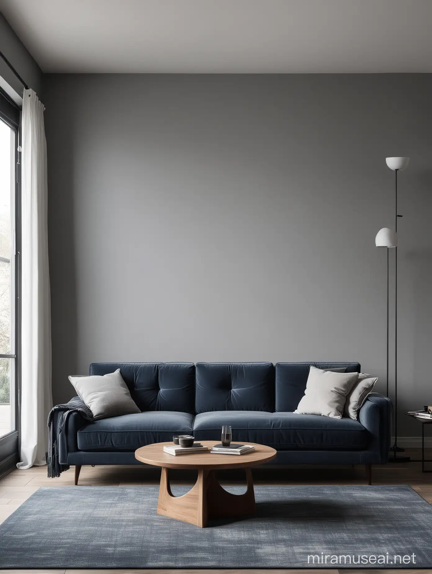 A minimalist living room featuring an dark blue couch, dark wooden floor, grey walls, grey accents, and sleek, modern furniture. Include subtle textures and clean lines, emphasizing simplicity and elegance.