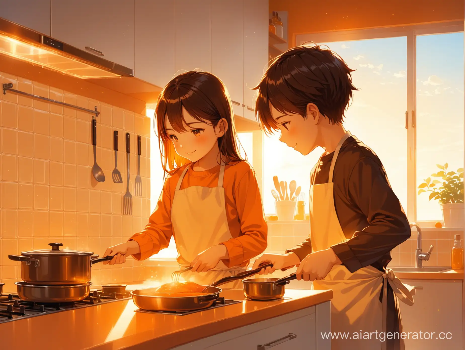 Парень и девушка готовят вместе на светлой кухни, оранжевое освещение