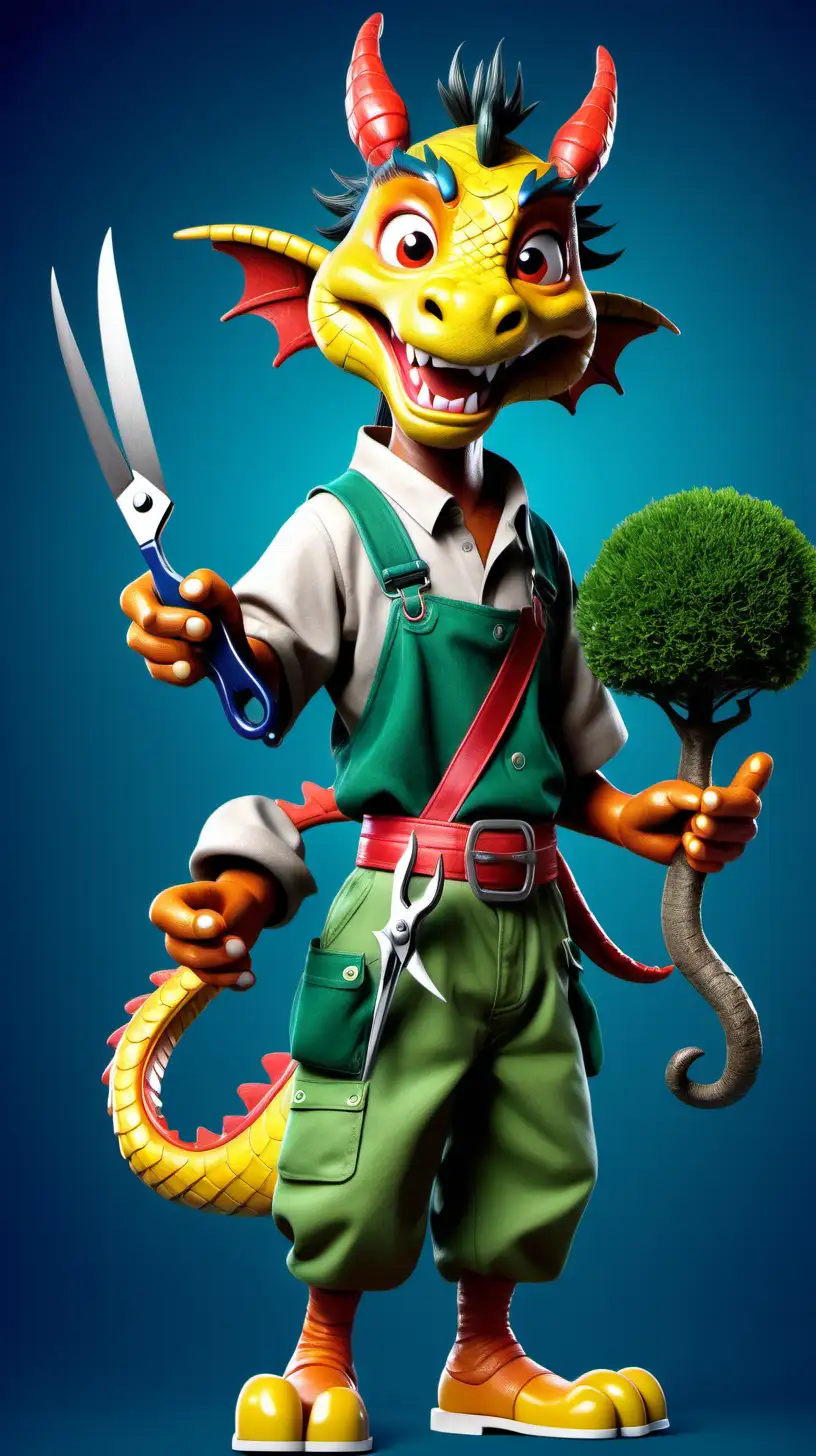 Un personnage dragon asiatique qui est paysagiste avec sa tenue et une paire de ciseaux dans la main en mode jouet avec gros visage de dessin animé disney pour enfant  