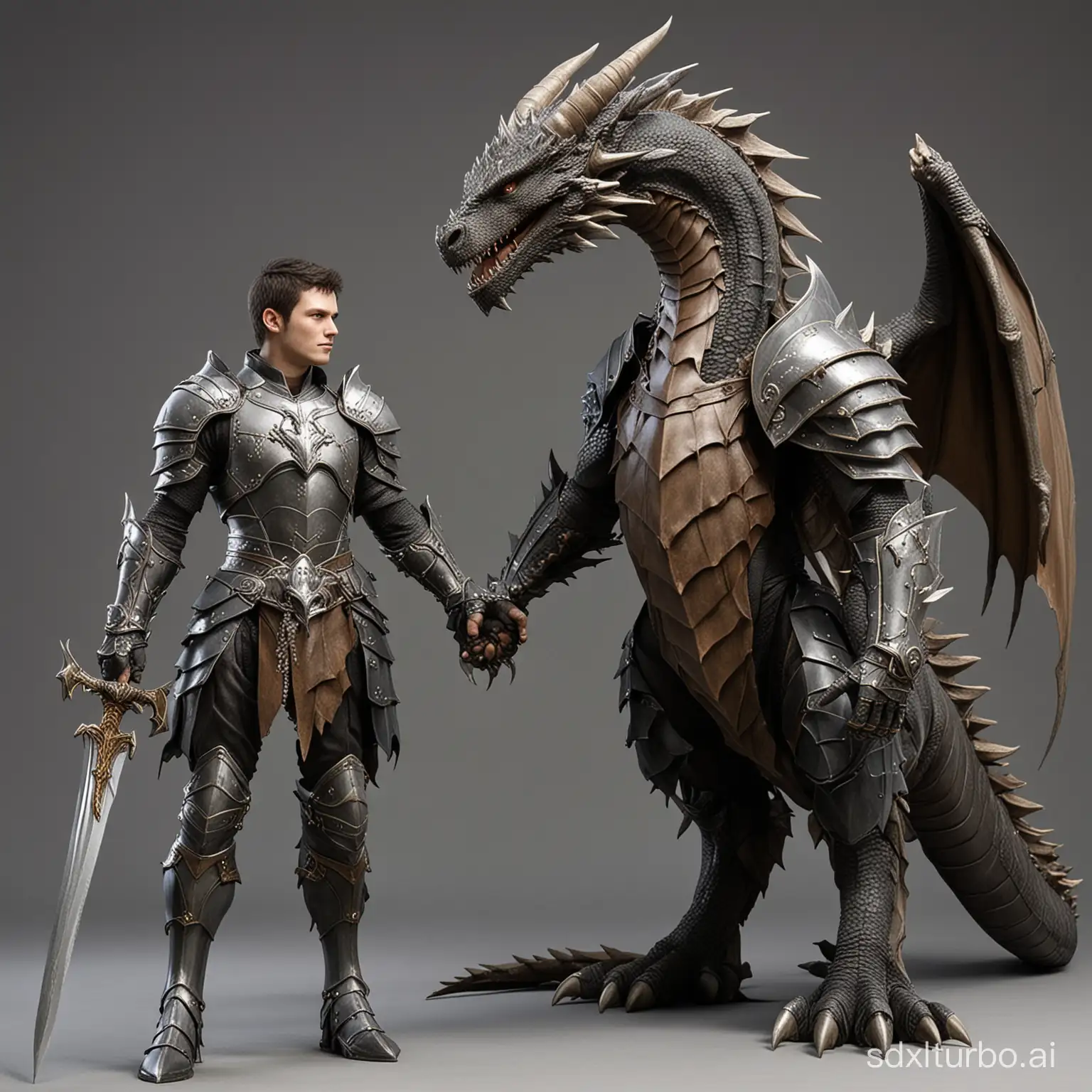 dragon 
 junto con un humano caballero   hombre
de 1,90 de altura son amigos
