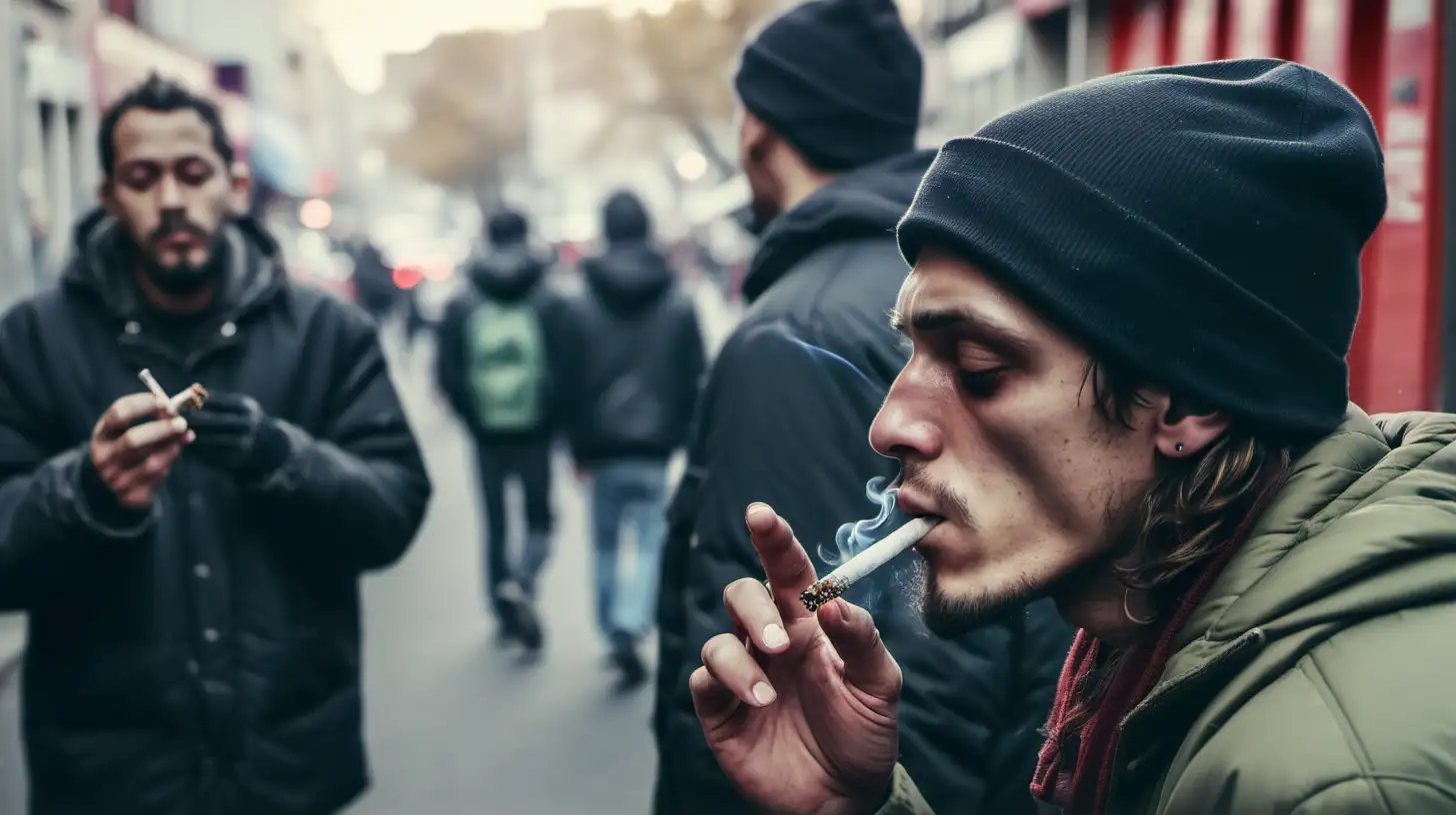 A JUNKIE SMOKING A JOINT IN THE STREET WITH BYSTANDERS LOOKING