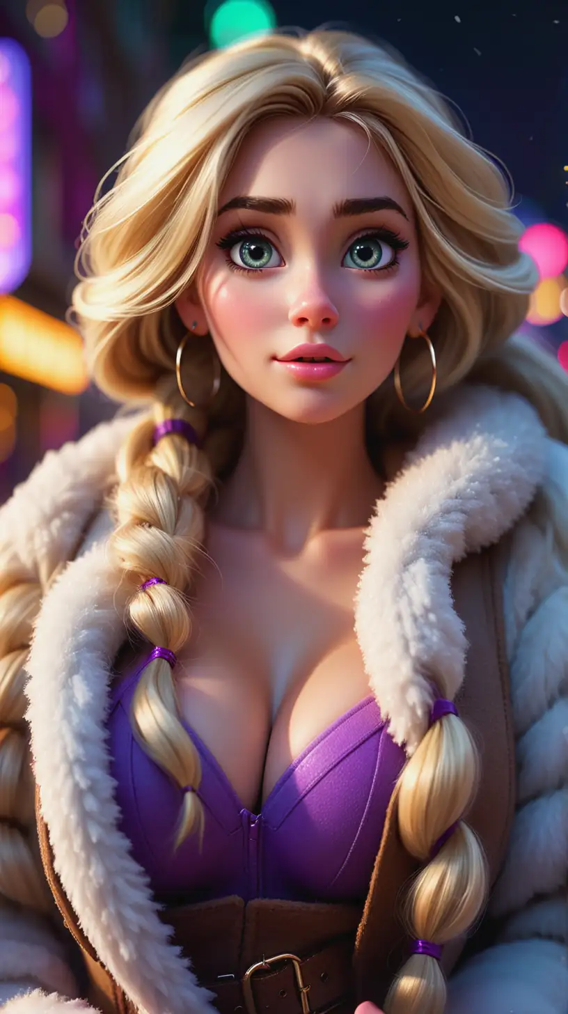 Beautiful Rapunzel, very attractive face, highly detailed eyes, big breasts, dark eye shadow, messy blonde hair, wearing a Furry coat and toboggan, with hoop earrings, close up, bokeh background, soft light on face, rim lighting, facing square to camera, walking in a city at night, neon sign lights all around, photorealistic, very high detail, extra wide photo, full body photo, super close up, head shot