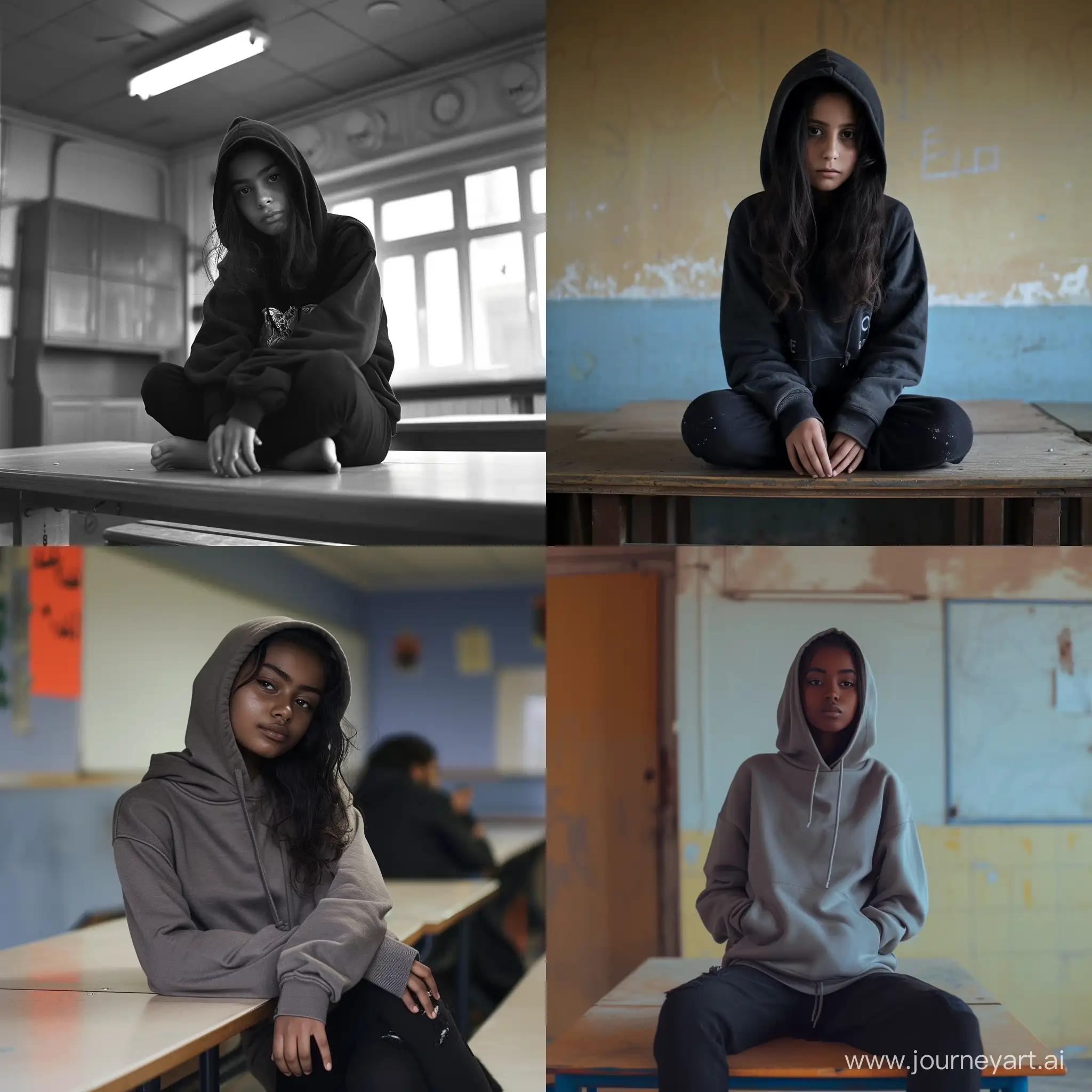 16 years old some black turkman girl in hoodie sit on the school table
