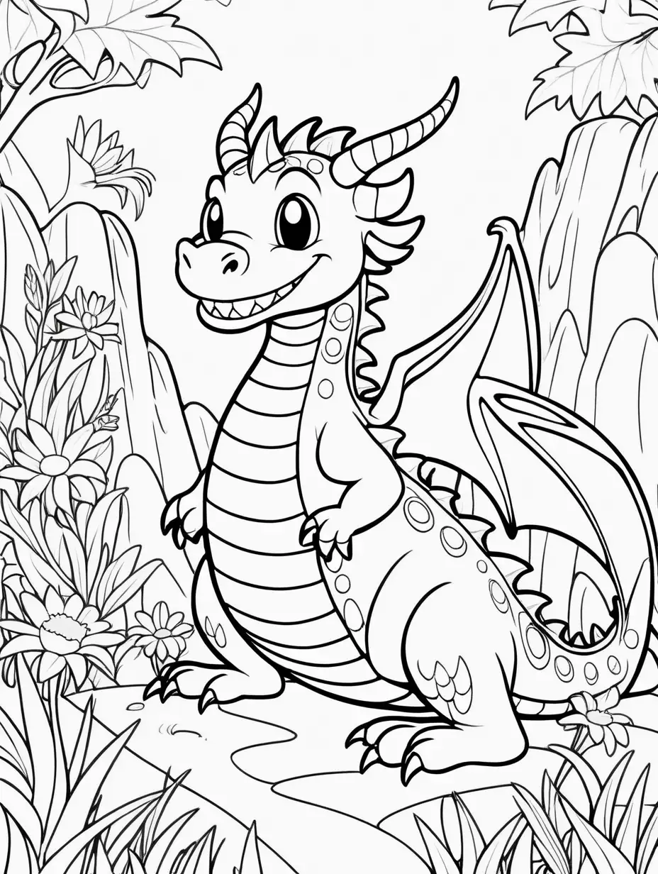 Joyful Mother Dragon and Her Young Exploring Enchanted Summer Wonderland Coloring Page