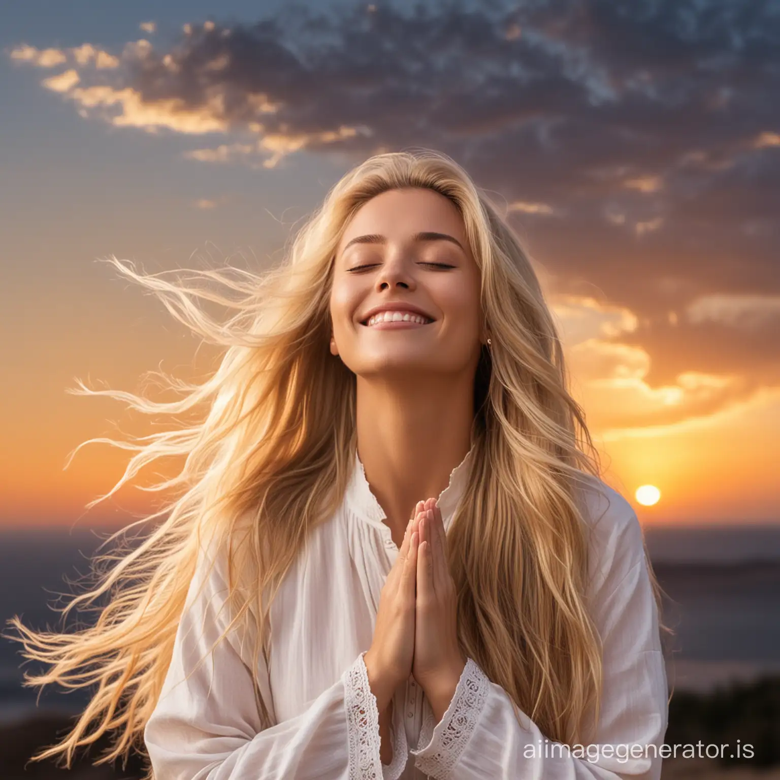 woman with closed eyes, long blonde hair with wind in the hair, illuminated sky in the background, smiling and hands in prayer position