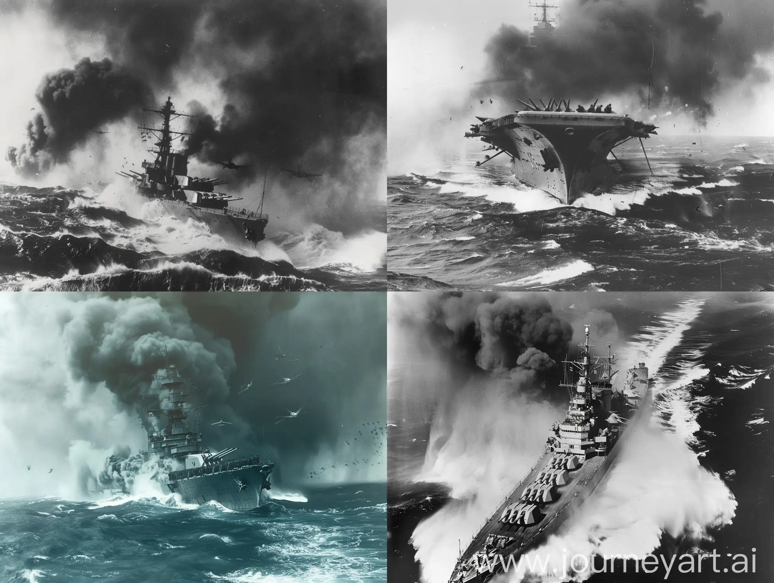 太平洋战争期间，海洋上一艘美国舰艇被日军的飞机袭击，浓烟大作，伤亡惨重，波涛汹涌