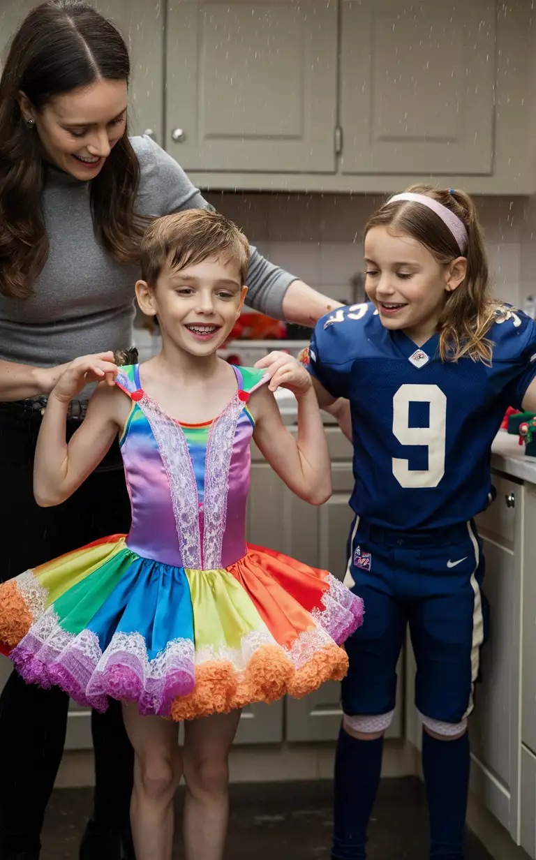 Gender role-reversal, Photograph of a mother dressing her young son, a boy age 8, up in a bright rainbow frilly lacy silky ballerina dress and tights, and she is dressing her young daughter, a girl age 9, up in a blue football uniform, in a kitchen for fun on a rainy day, adorable, perfect children faces, perfect faces, clear faces, perfect eyes, perfect noses, smooth skin