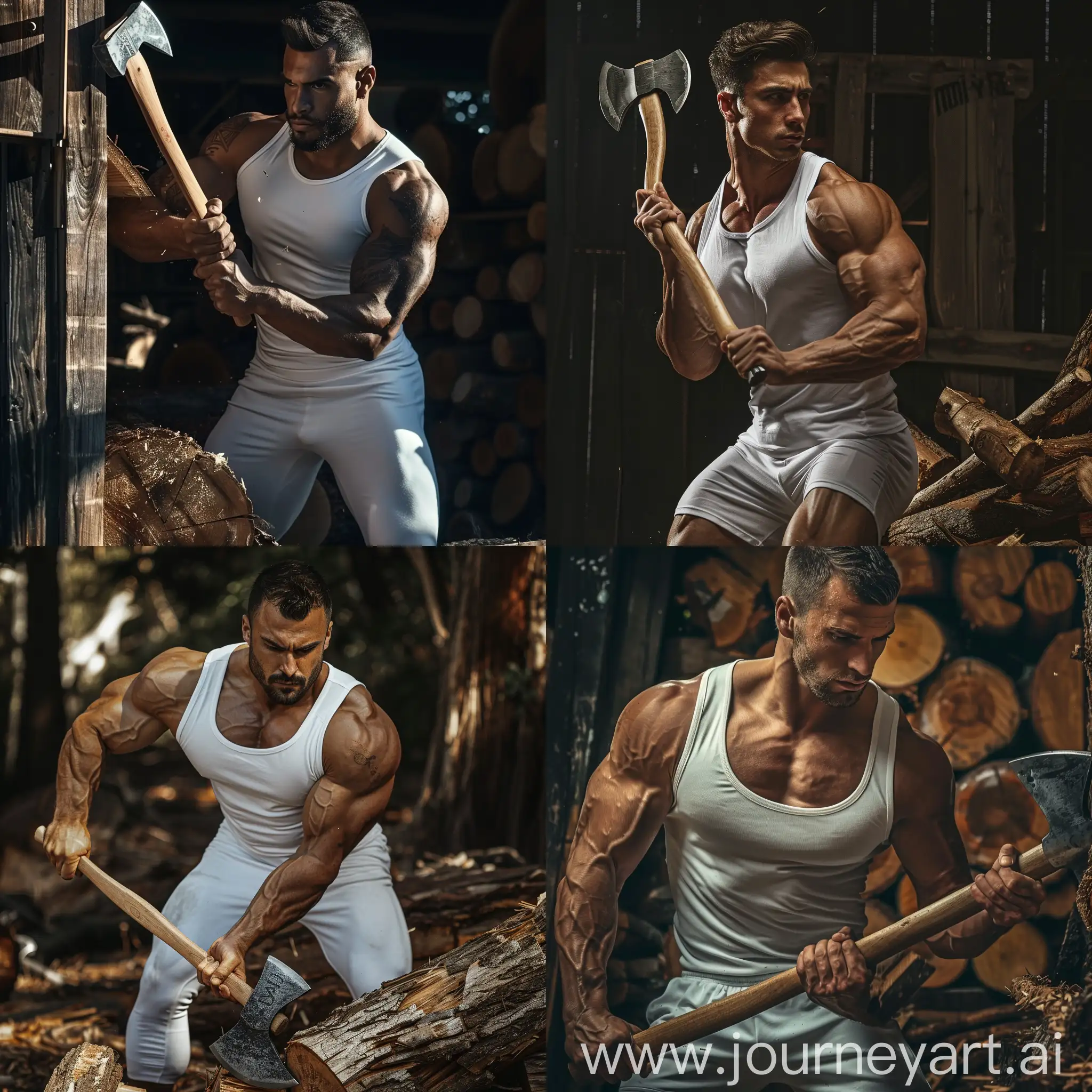 man in white singlet with lots of muscles swinging an axe and cutting wood