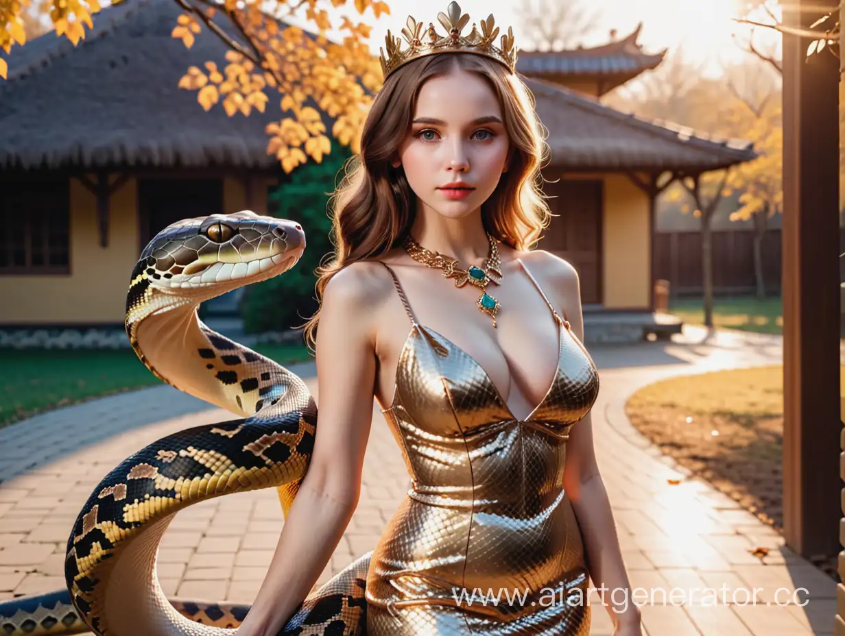Young-Girl-Wearing-Crown-and-Elegant-Dress-Poses-with-Giant-Python-in-Sunlight