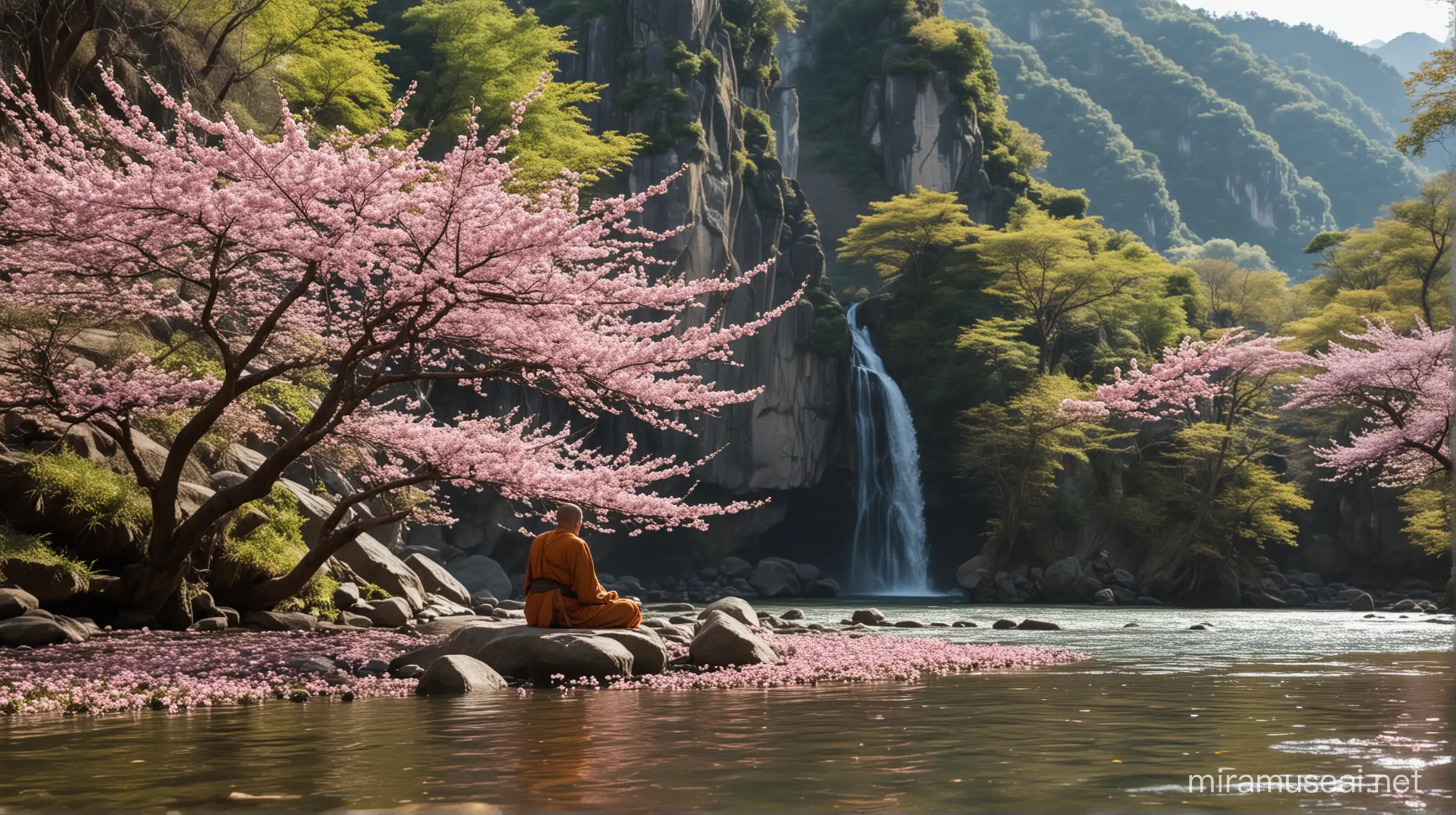 Serene Monk Meditating on River Island Surrounded by Cherry Blossoms and Mountains