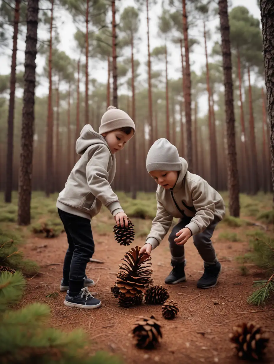 kids collecting pinecones in a pine forest. ambient, neutral clothing colours, clear DSLR photography style, artistic angle 