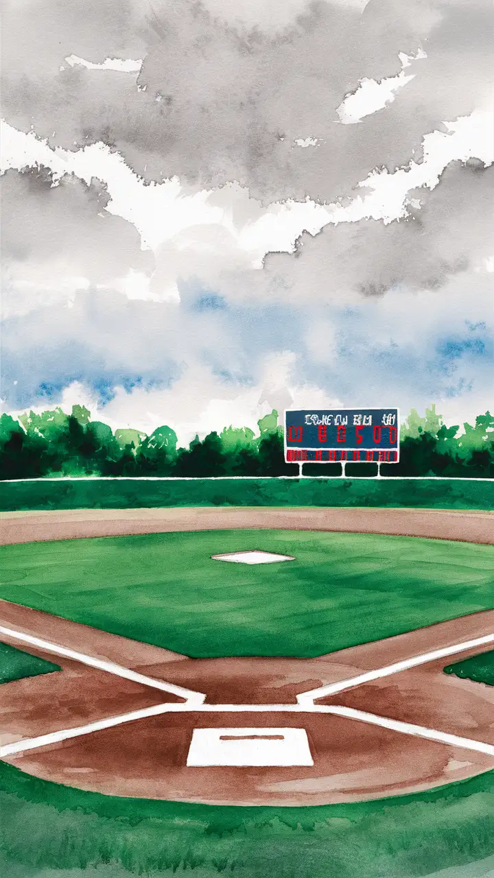 baseball diamond with light grey and blue sky and scoreboard  | featuring red, blue and white color palette | watercolor style