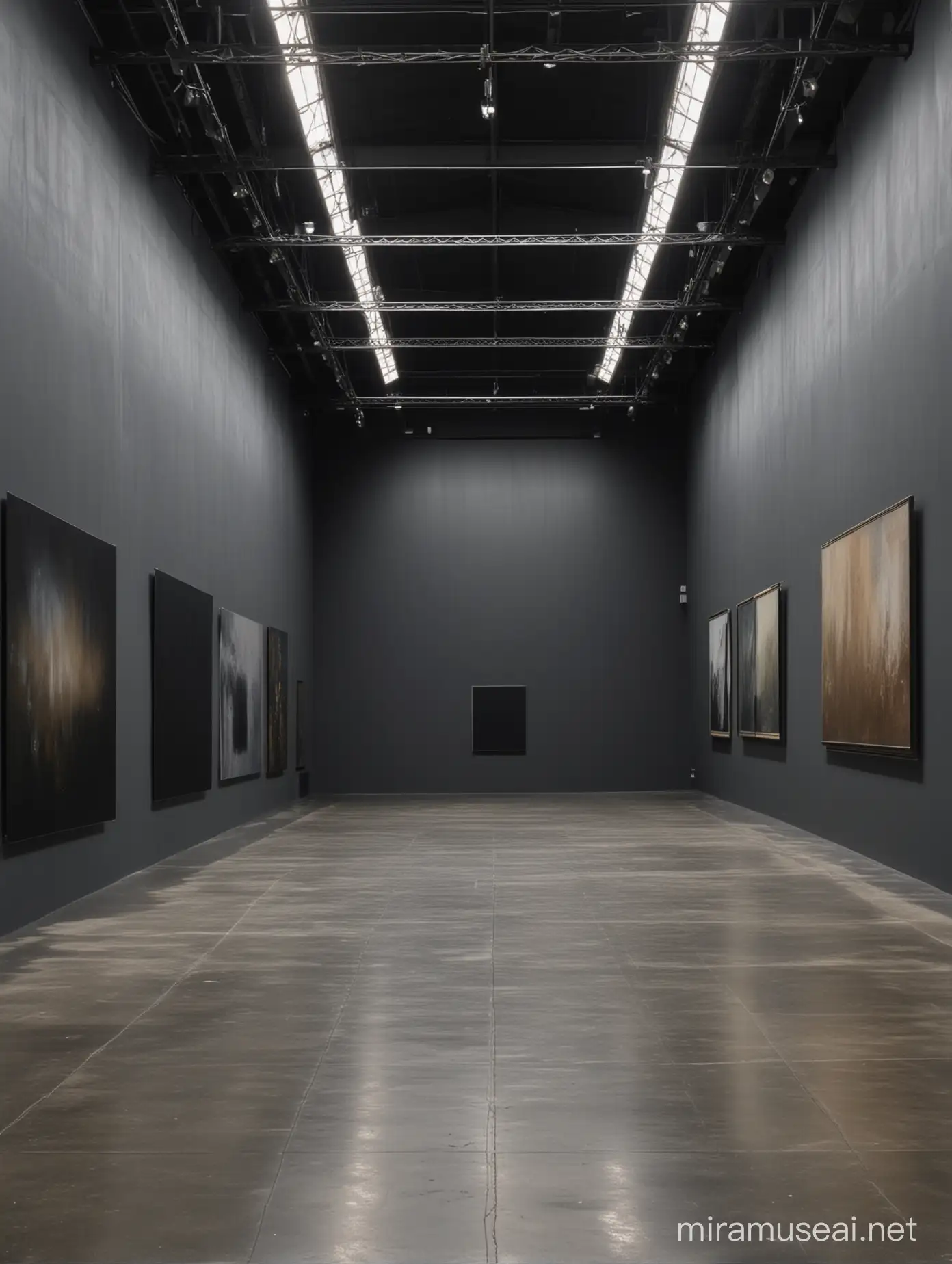 empty art gallery exhibition space with no paintings on walls, high ceilings, dark grey walls