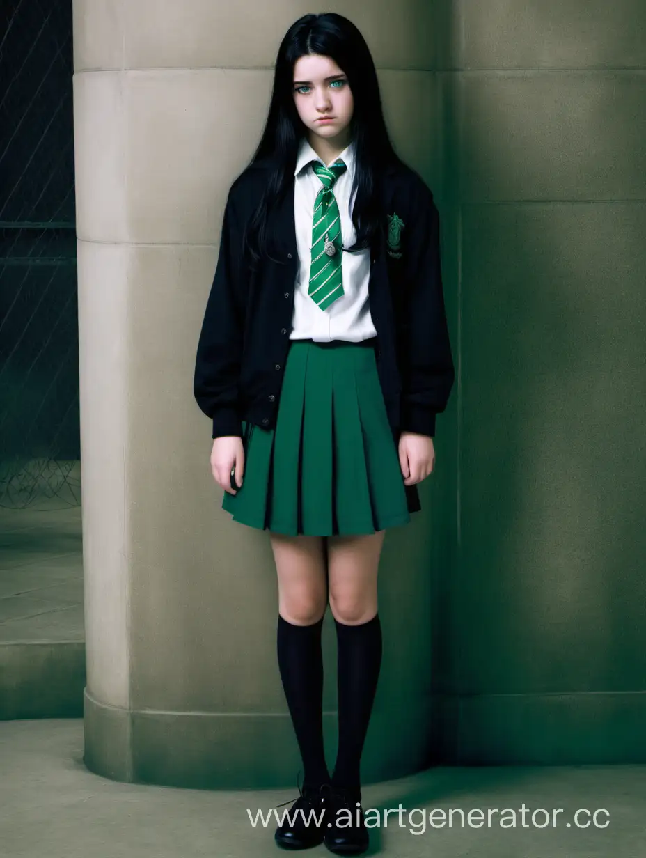 Rich Girl-student of Slytherin, black hair, green eyes, standing, aged 15 years old, Sad face, black shoes