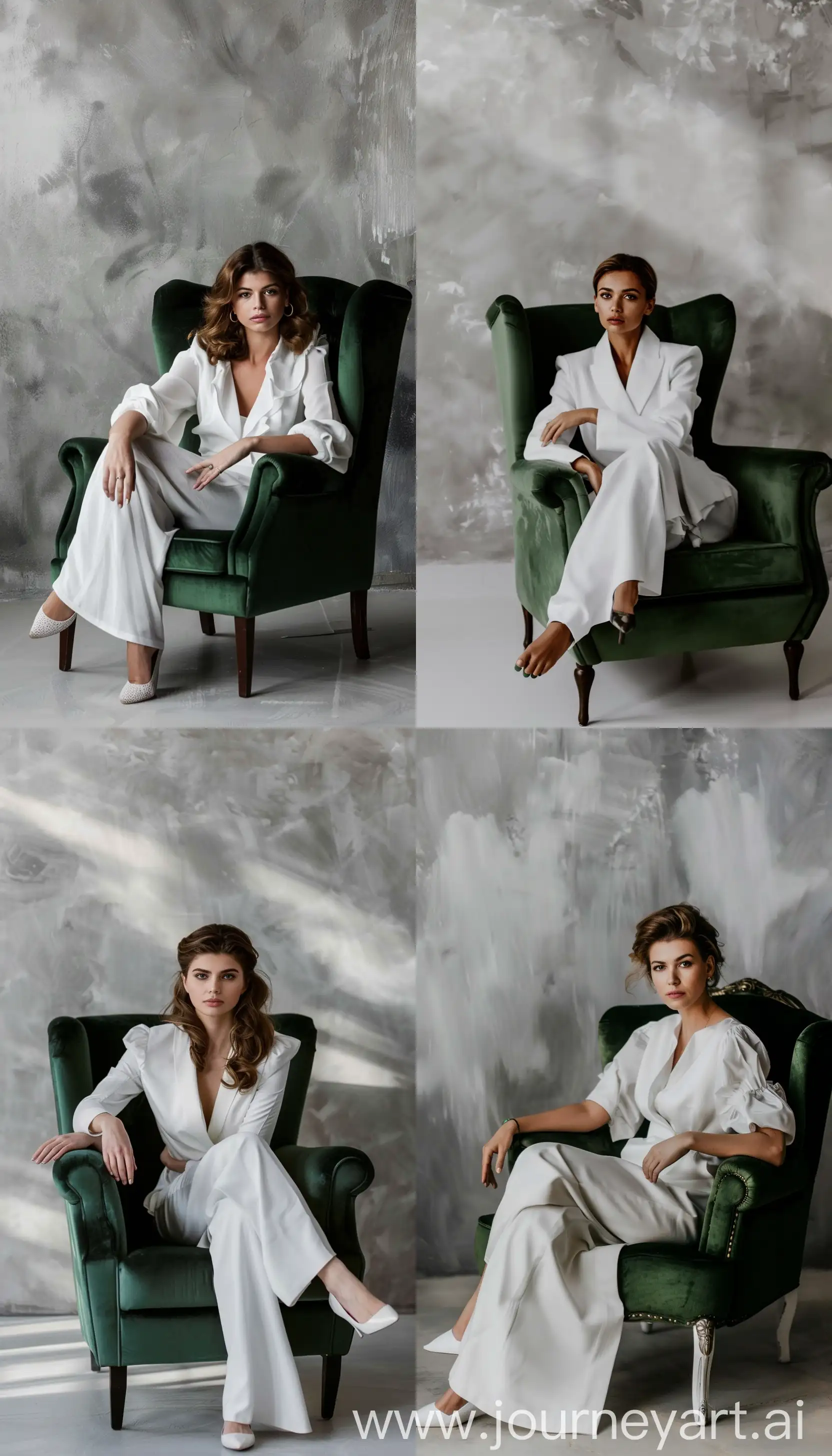 A zoom out of an elegant woman dressed in white, seated in a stylish green armchair, studio photograph, white background, olive skin tone, Natural lighting, sunbeams touching her body, clean armchair —sref https://i.pinimg.com/564x/8a/a0/16/8aa01689414ea735353f8e60ffb9b00a.jpg —v 6 —style raw —ar 4:7