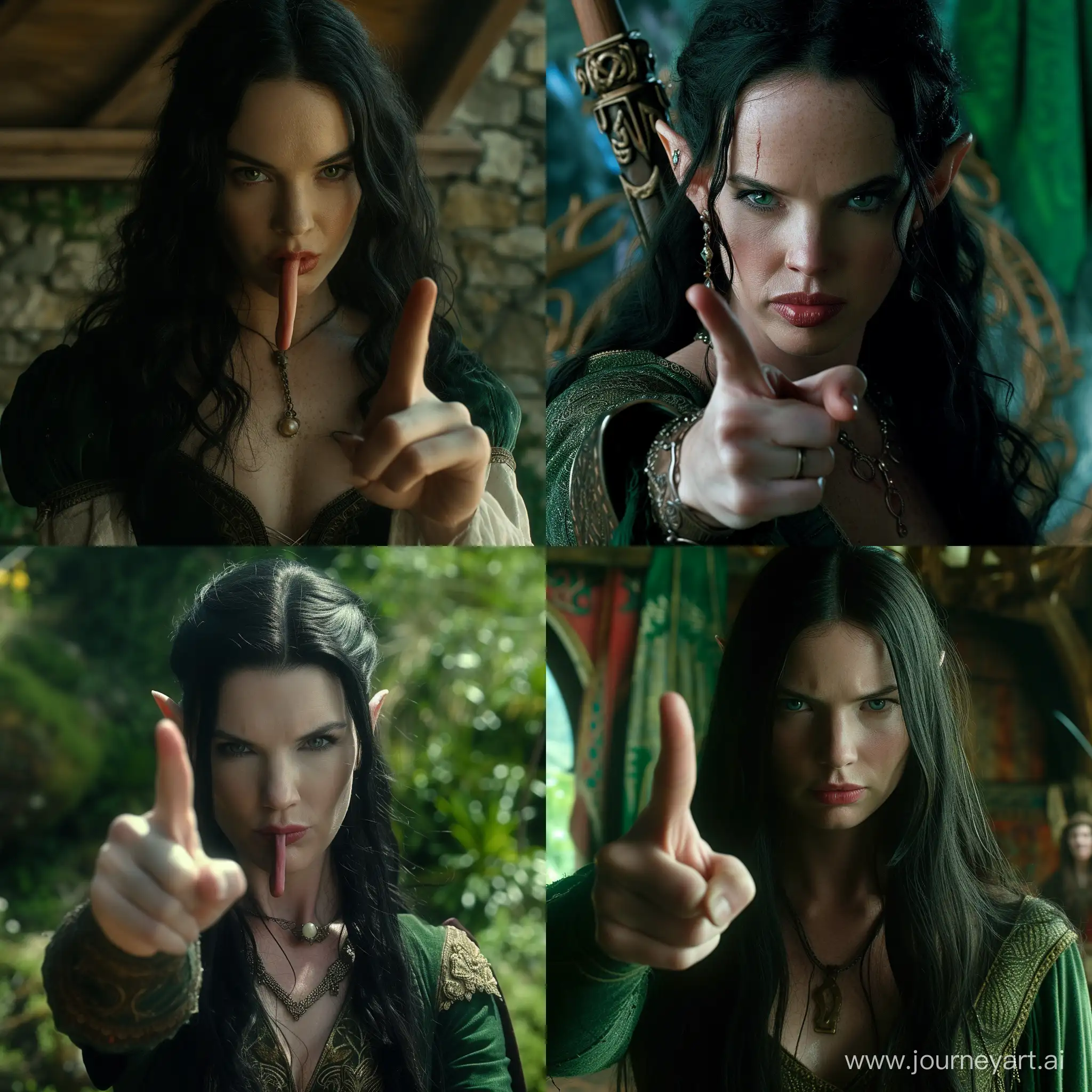 movie scene cinematic krysten Ritter black hair green eyes as an elf Jessica jones showing middle finger to king max brown Edward Seymour angry fantasy