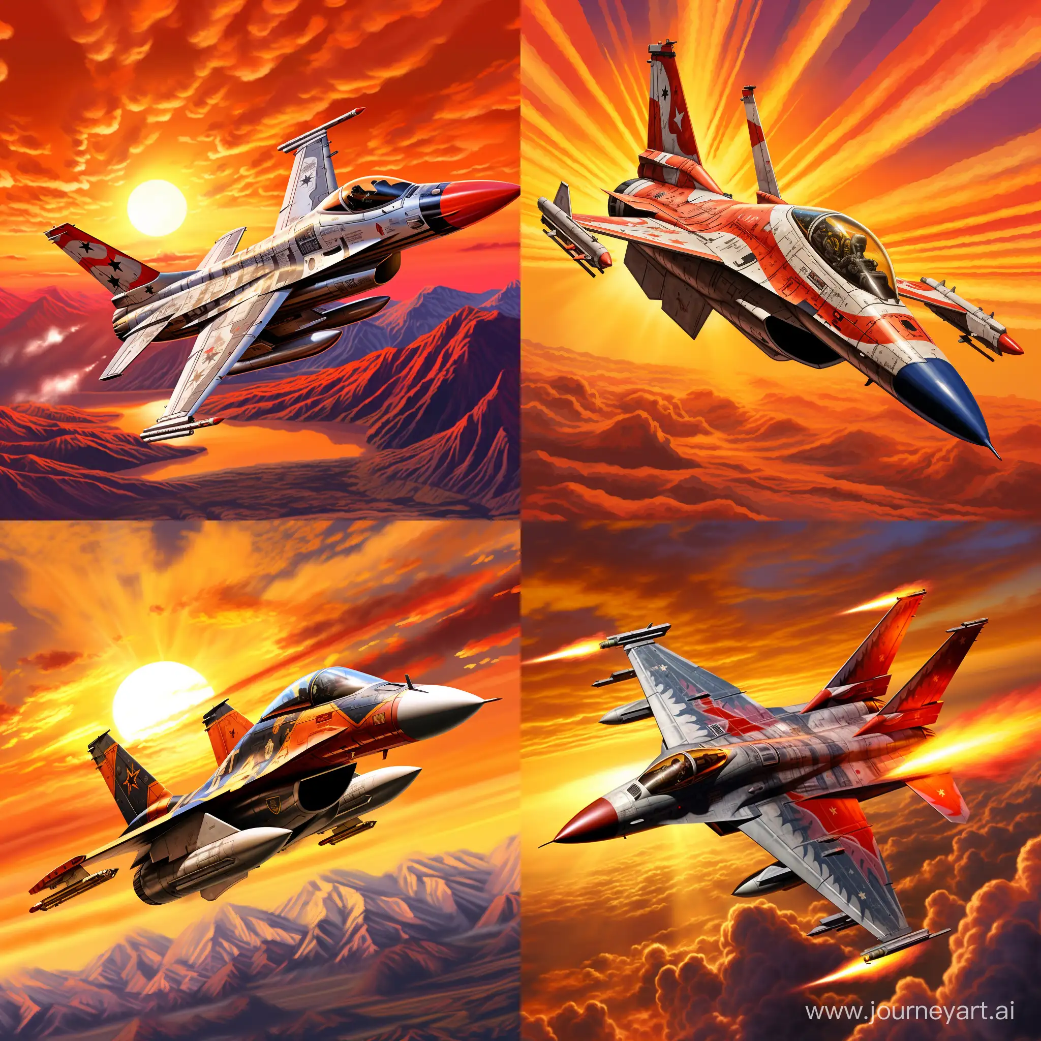 Airplane is a (F-16 Thunderbird Jet Fighter) in flight. Attention to exact color detail and Thunderbird design and paint schem. The fighter jet is in afterburner and smoke on configuration. Brilliant sunset sky background