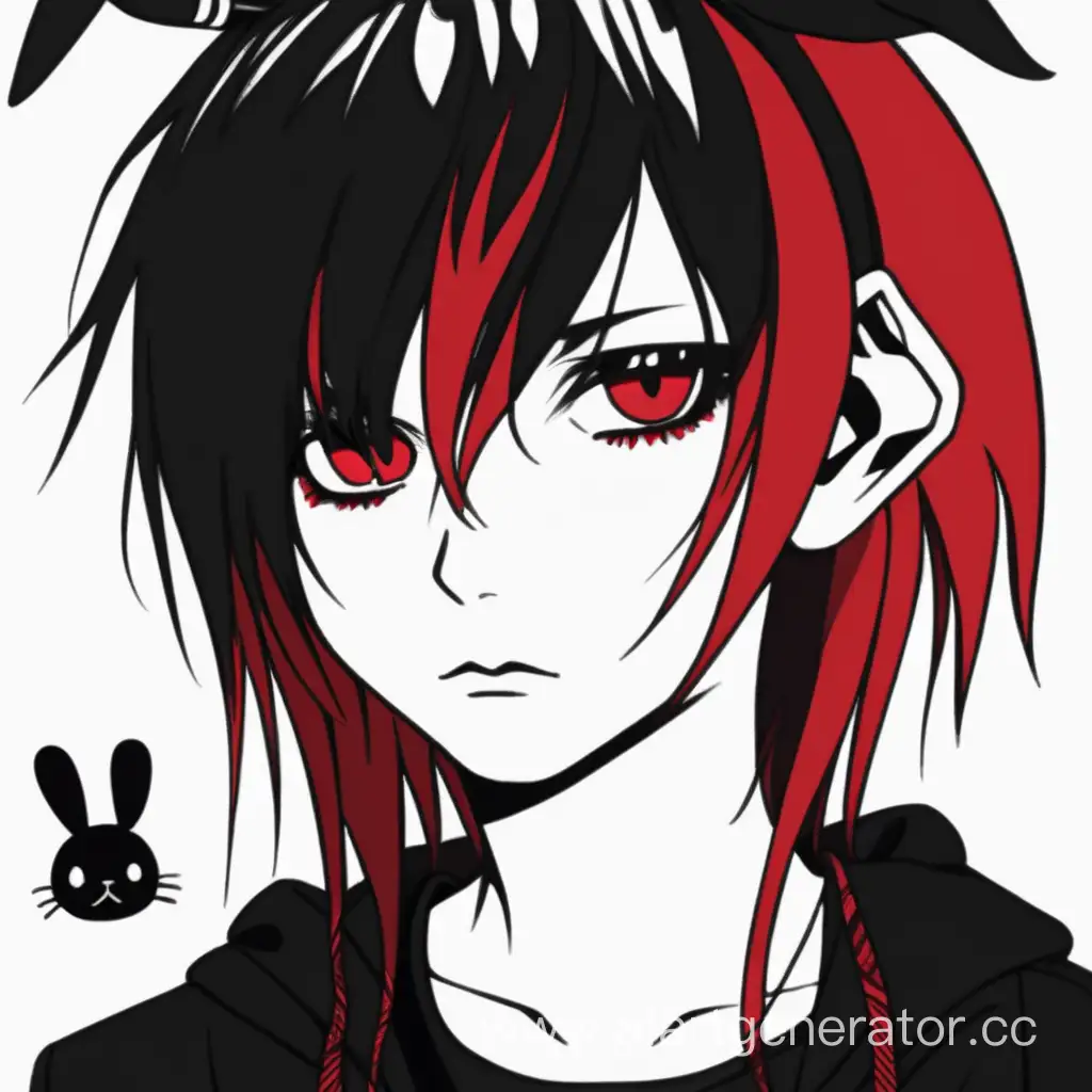 рисунок в стиле 2003 года, эмо,черно красные волосы, c кроличьими ушами, мальчик 
