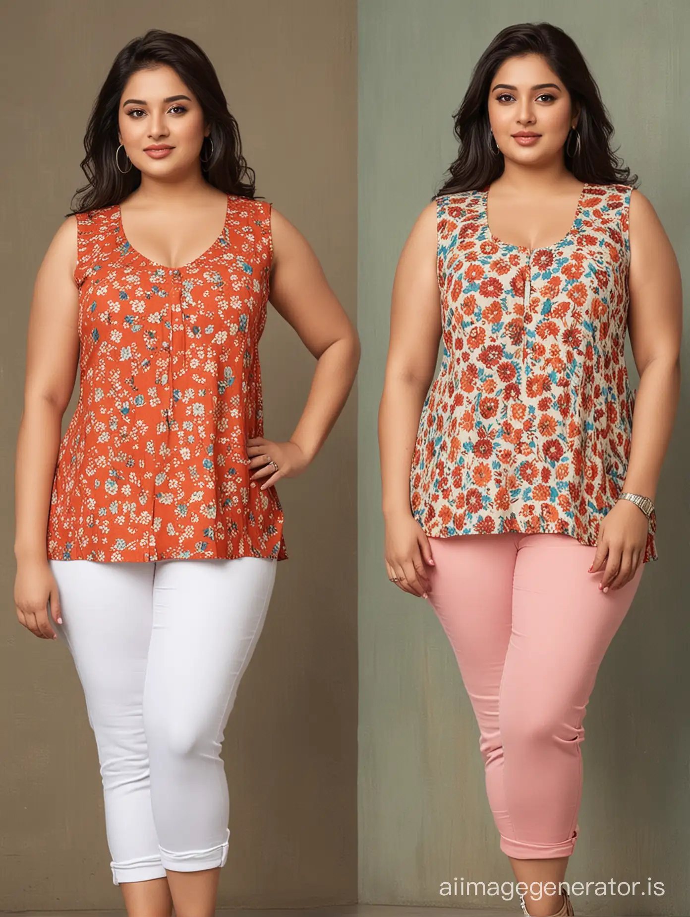 Beautiful indian plus size women wore sleeveless tops with pillow