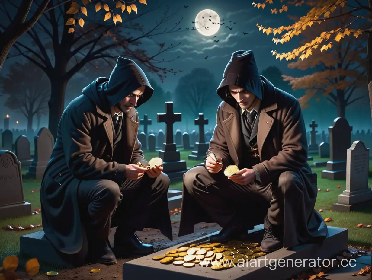 Два вора,  в длинном пальто,  вечером, в темноте, сидят на кладбище рядом с могилой и считают украденные золотые монеты 