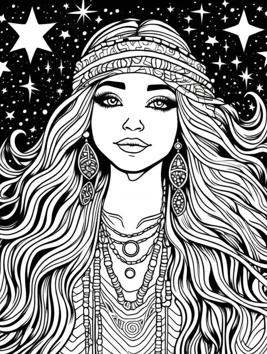 clean line art,simple,black and white,coloring book page, hippy girl,happy,trippy,bohemian,boho, looking at stars