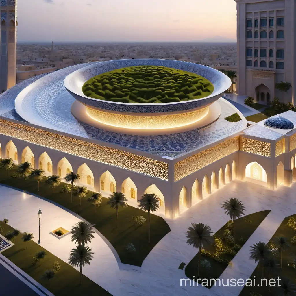 enhance the islamic museum by adding islamic patterns and connecting the futuristic architecture with the islamic architecture 