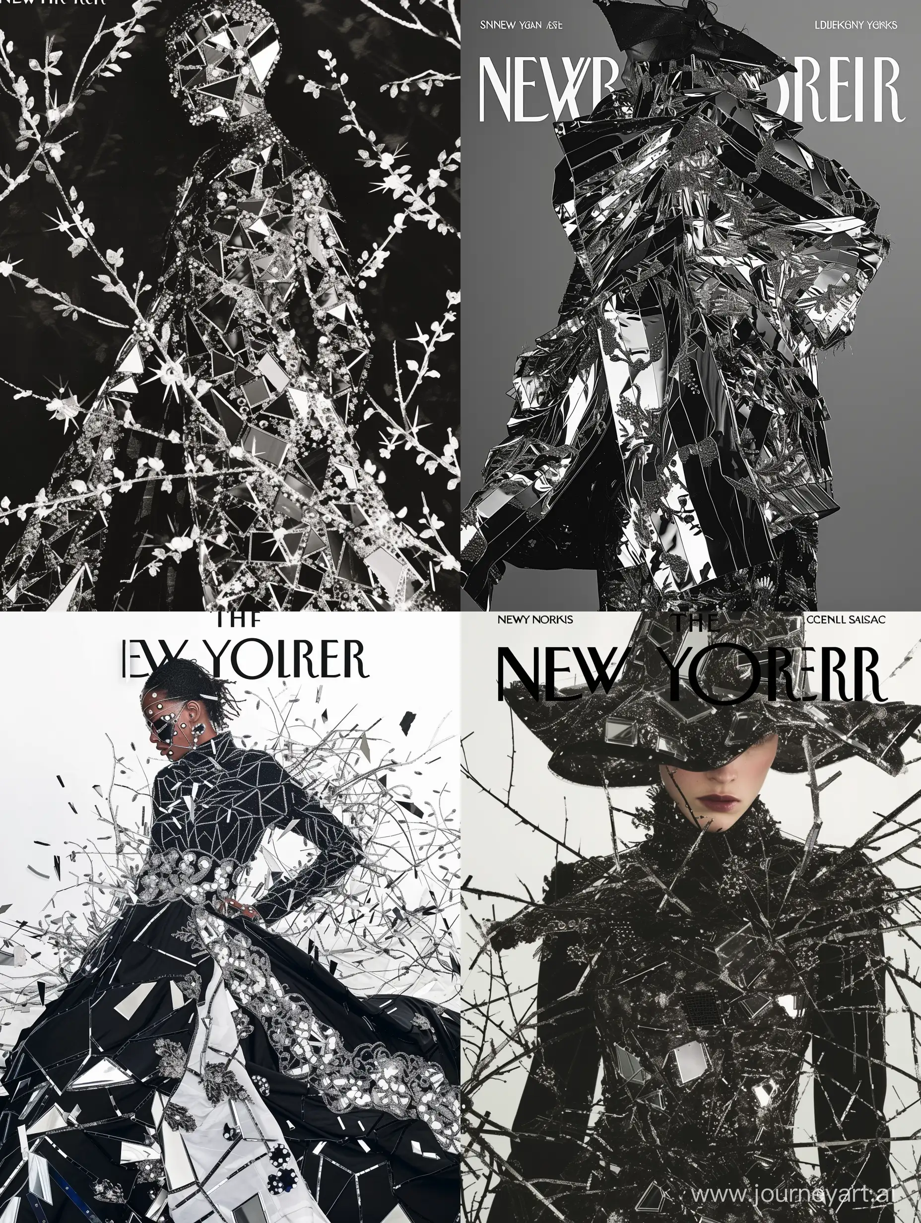 new Yorker magazine cover art style of  surreal matrix vastness  longshot reflective fabric fashion clothes designs overwrought perfect flawless layered cinematic lighting detailed textures natural fabrics unique styles made with mirror pieces and embroidered silk black and white reflective