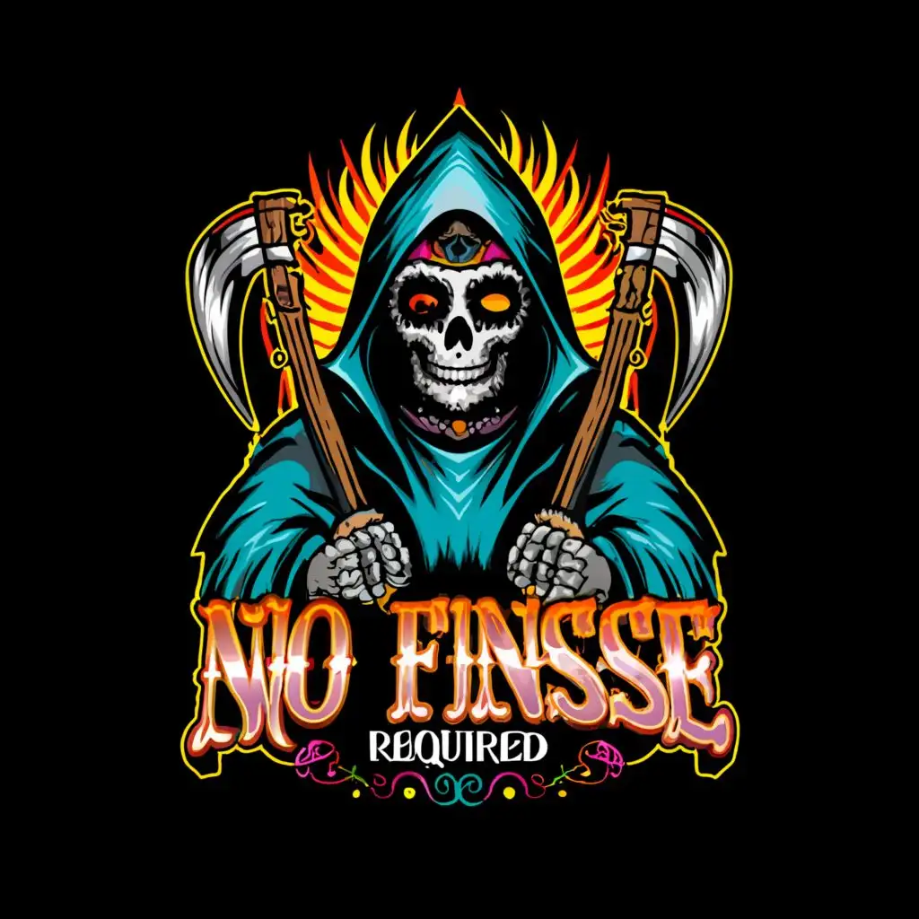 a logo design,with the text "No Finesse Required", main symbol:grim reaper with day of the dead face paint,complex,be used in Entertainment industry,clear background