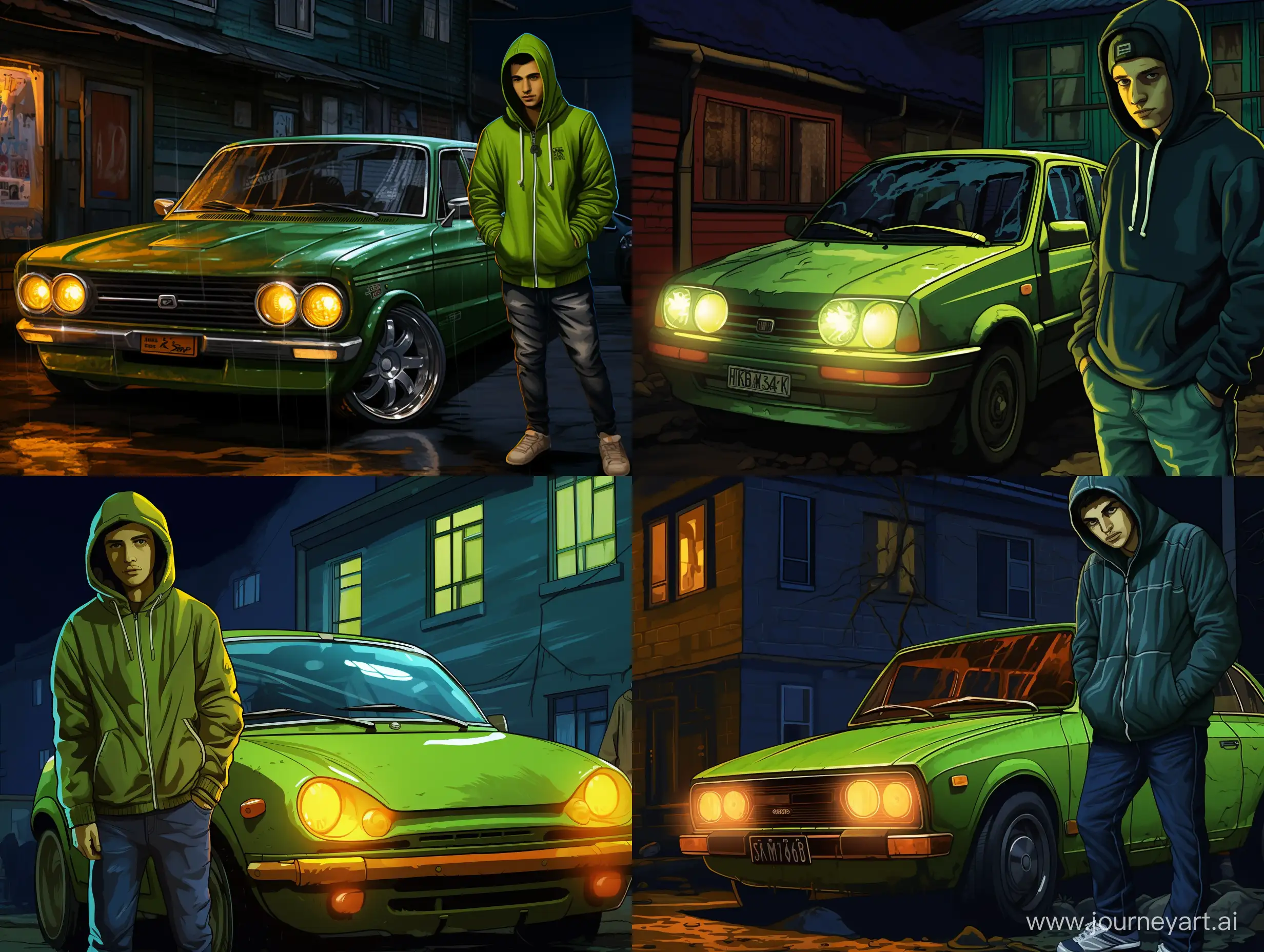 A fat teenager weared in green hoodie with japanese word print in middle of hoodie is standing next to an old model of a green dacia solenza. The yellow halogen headlights of this car shine brightly. The action takes place on a dark street in a residential area of an Eastern European city