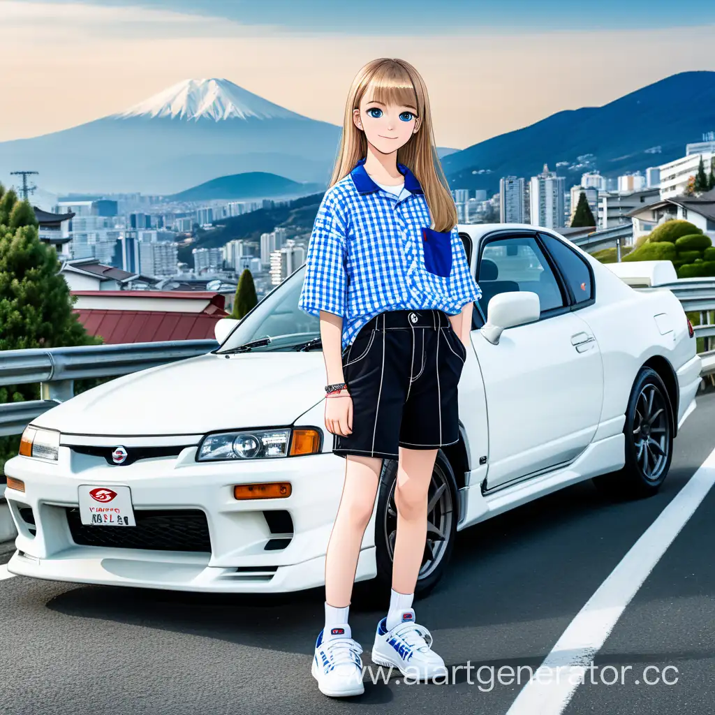 Cheerful-European-Teenager-Poses-by-Red-Nissan-Silvia-in-Vibrant-Japanese-Cityscape