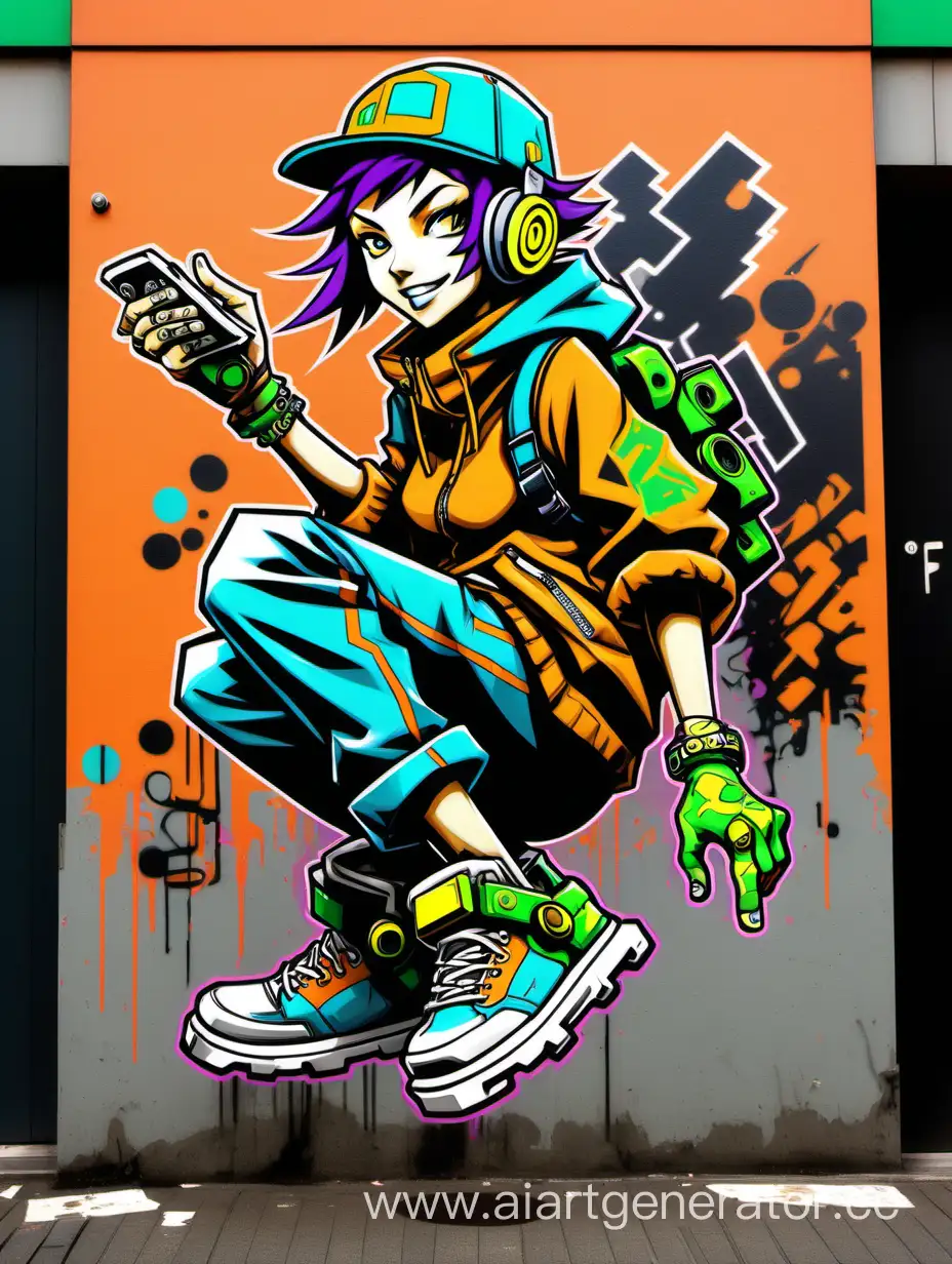 artwork in the style of the videogame jet set radio future of a person in rollers doing graffiti in Tokyo