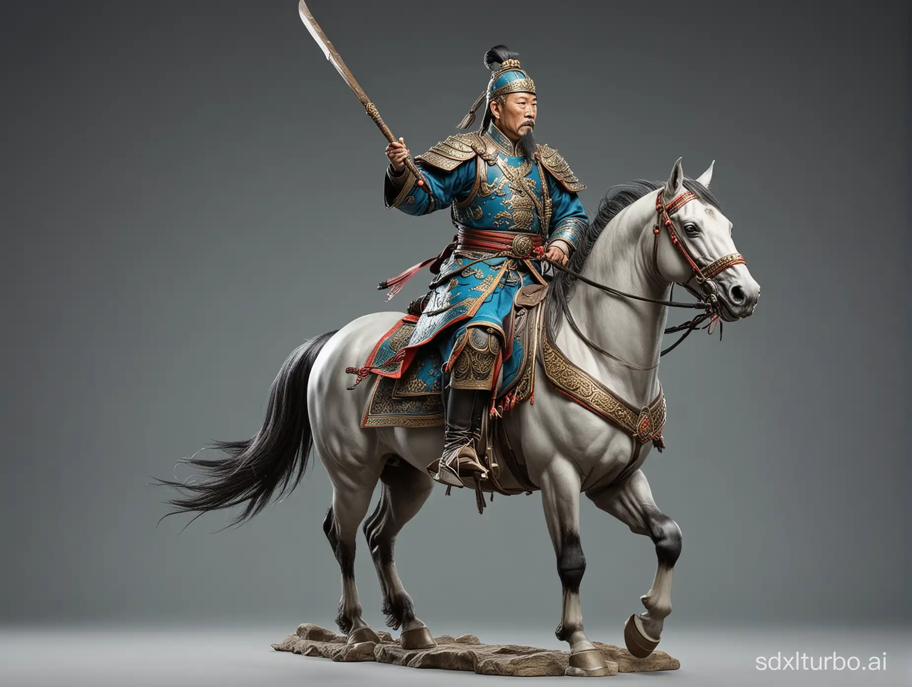 A Chinese ancient general from the Qing Dynasty, holding a long spear, riding a horse, valiant and mighty, with a clean background.