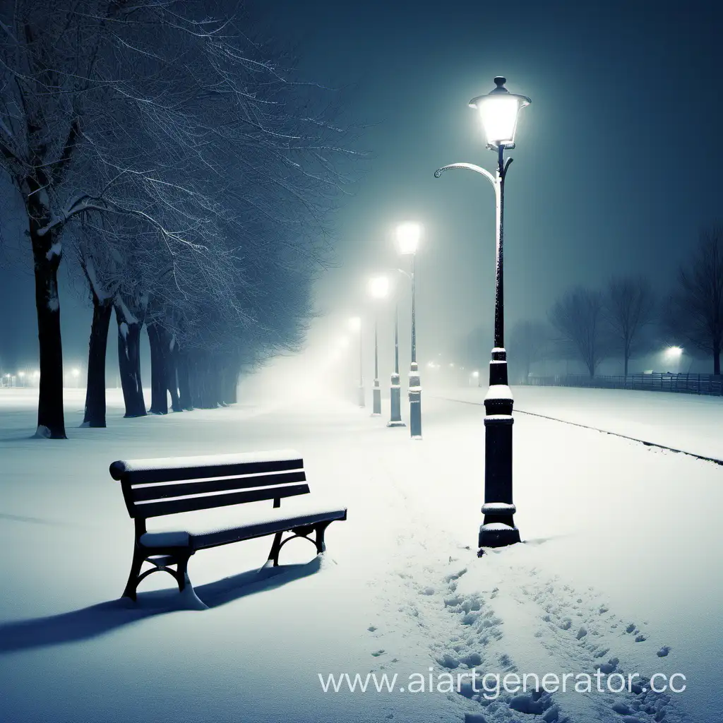 Холодная зимняя ночь, зимняя аллея, одинокий уличный фонарик, скамейка, снег, холодно, одиноко, пусто, загородная местность, открытое поле
