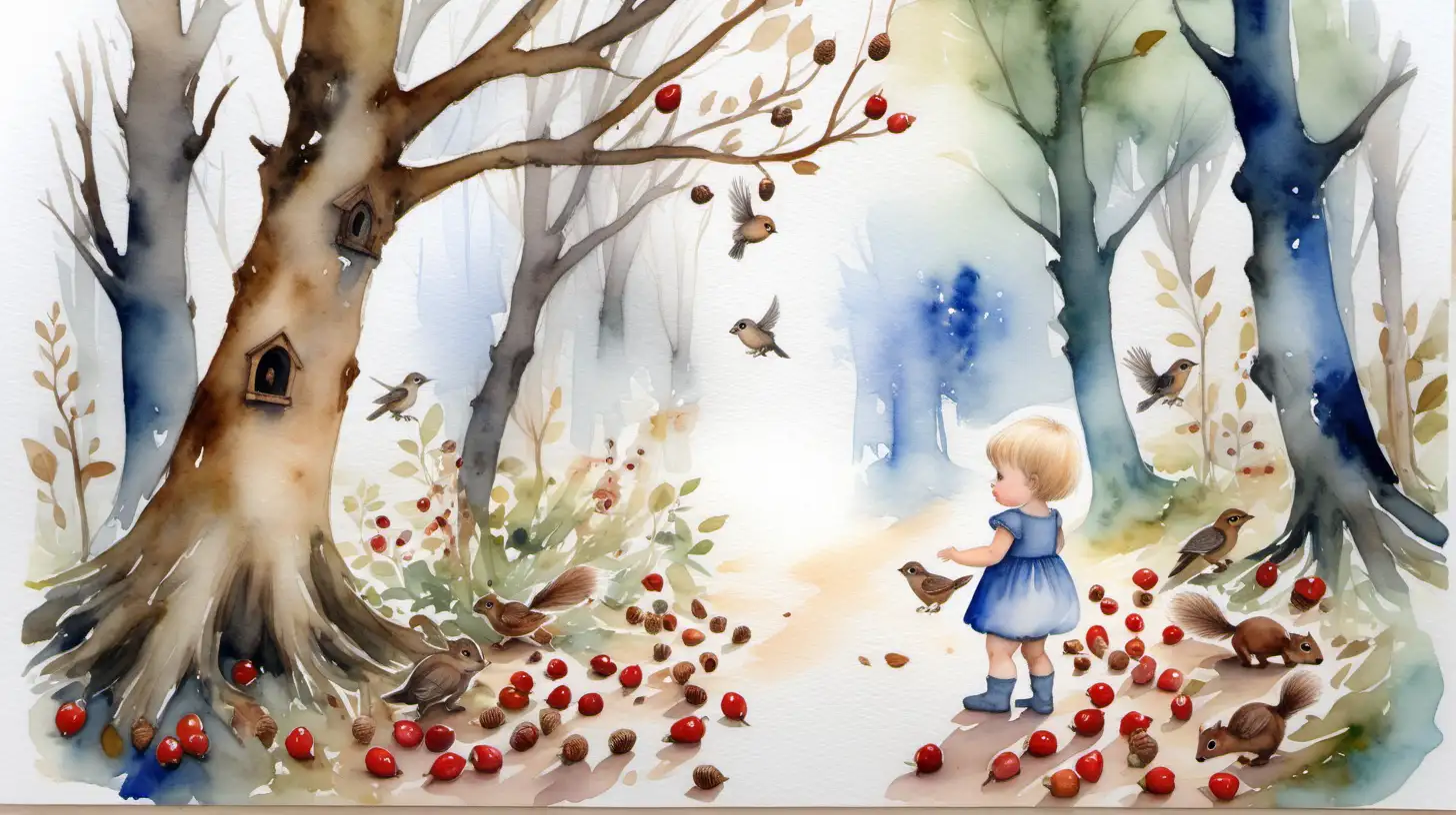 Watercolour fairytale painting. An fairytale wood. in the distance A 1yr old beautiful dark blonde blueeyed baby girl with loose short hair is collecting rosehips and acorns. There are birds in the trees and squirrels in the trees. The trees have fairy doors on them