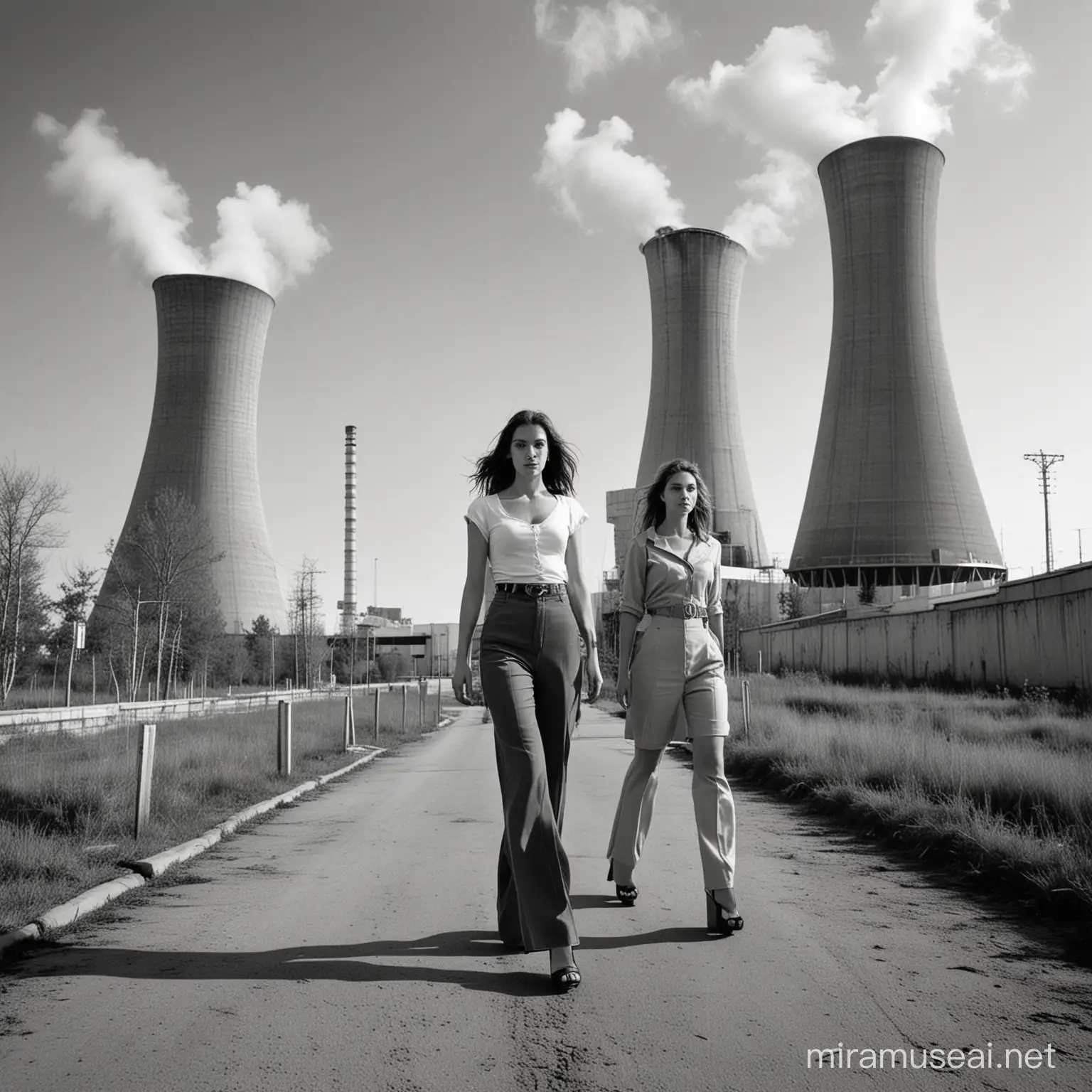 Beautiful Brazilian Woman Walking Two Zombies near Chernobyl Nuclear Power Plant