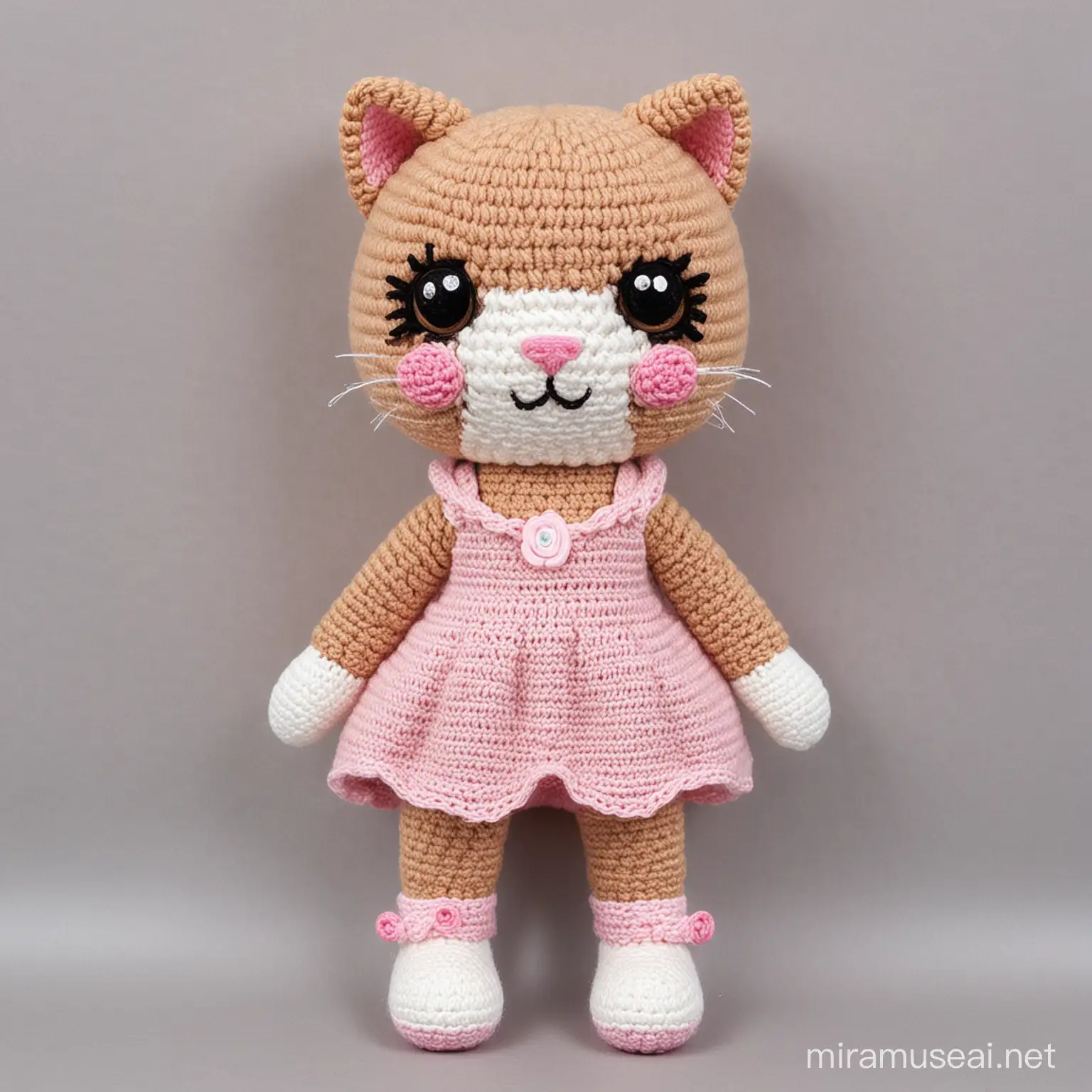 Amigurumi crochet Lovely little baby cat boy,light brown cat ears, pink cat nose, fet bady, arms, legs, trouser Skirt dress, he is stending