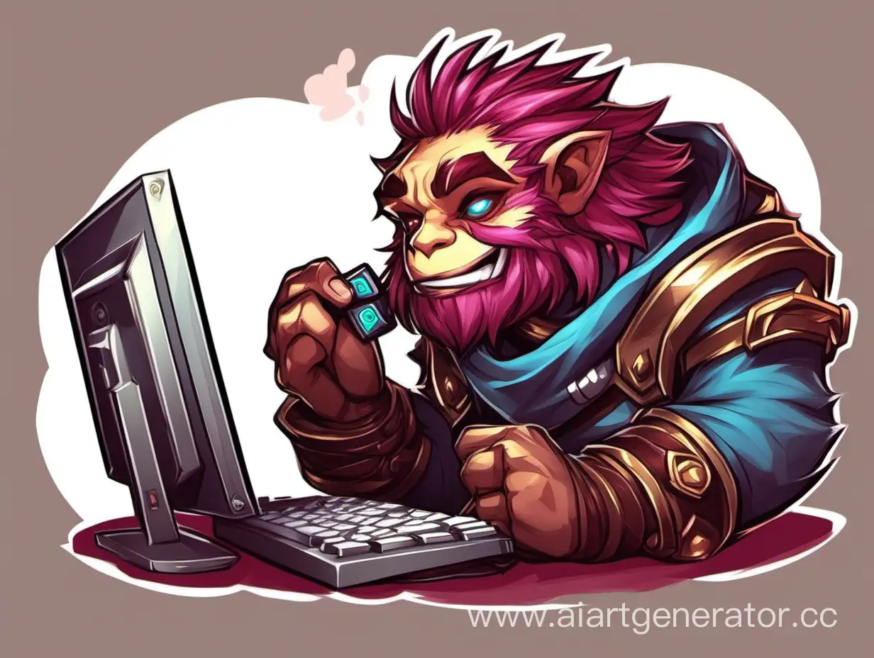 A character from the game League of Legends Trundle is playing computer games in the style of a cute drawing