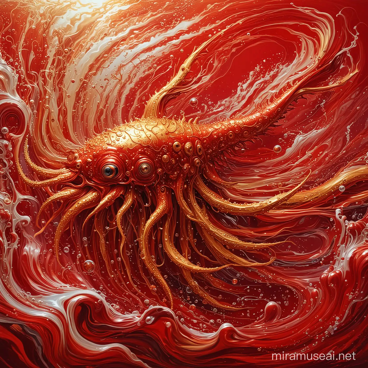 Surreal Metallic Red and Gold Ocean Creature in Liquid Environment