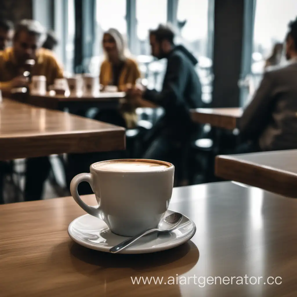 чашка с кофе стоит на столе в кофейне, на заднем плане сидят люди и кушают