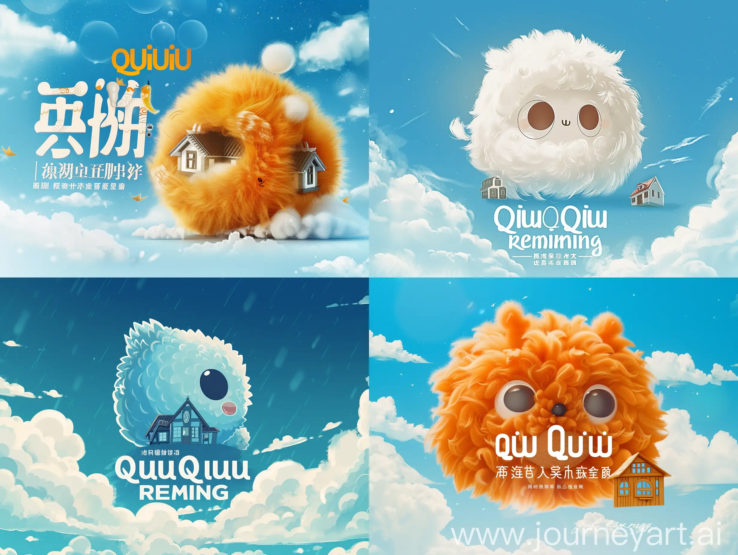 设计一份海报，含有一个包括毛球和房子的logo。标题为“QiuQiu Renting“。背景为蓝天白云。
