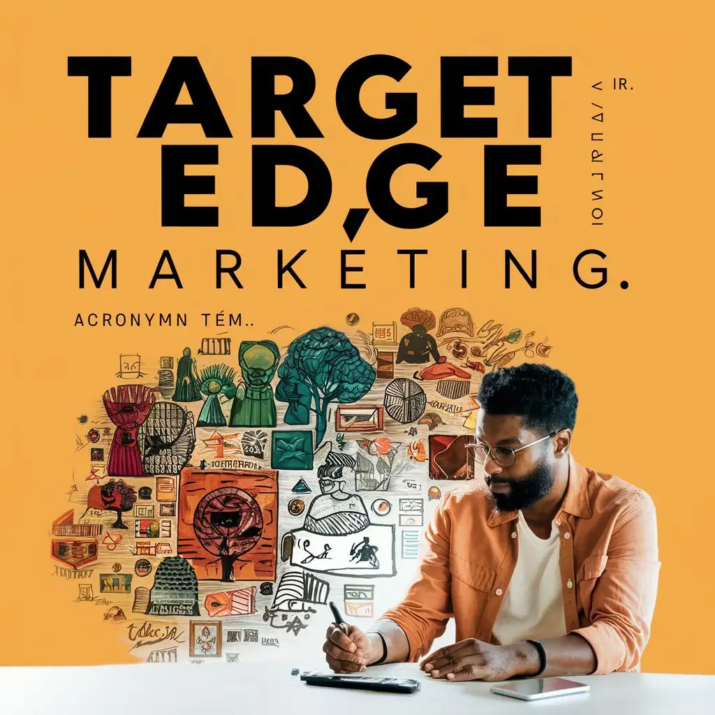logo, African designer sketching on desktop screen while imagining colourful designs and images of African heritage. BATE JR in the background , with the text "TARGET EDGE MARKETING. acronymn TEM.", typography, be used in Technology industry