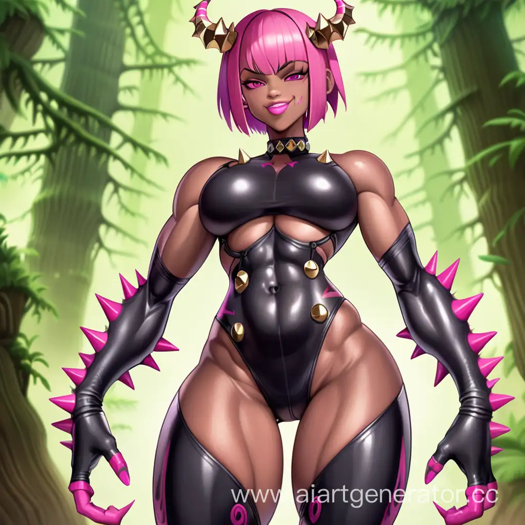 Fantasy Forest, 1 Person, Women, Human, Pink Horns, Pink Hair, Short hair, Spiky Hairstyle, Dark Brown Skin, Dark Pink Slime Full Body Suit,  Chocer,  Slime Chains, Dark Pink Lipstick, Serious smile, Big Breasts, Golden-eyes, Sharp Eyes, Flexing Muscles, Big Muscular Arms, Big Muscular Legs, Well-toned body, Muscular body, Dark Pink Slime Tendrils